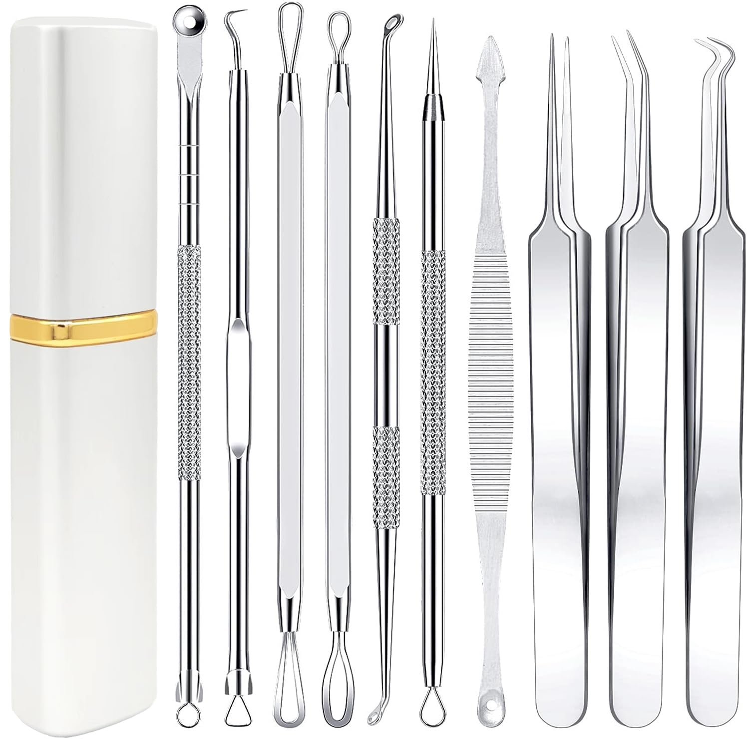 Pimple Popper Tool Kit – Boxoyx 10 Pcs Blackhead Remover Comedone Extractor Kit with Metal Case for Quick and Easy Removal of Pimples, Blackheads, Zit Removing, Forehead,Facial and Nose(All Silver)