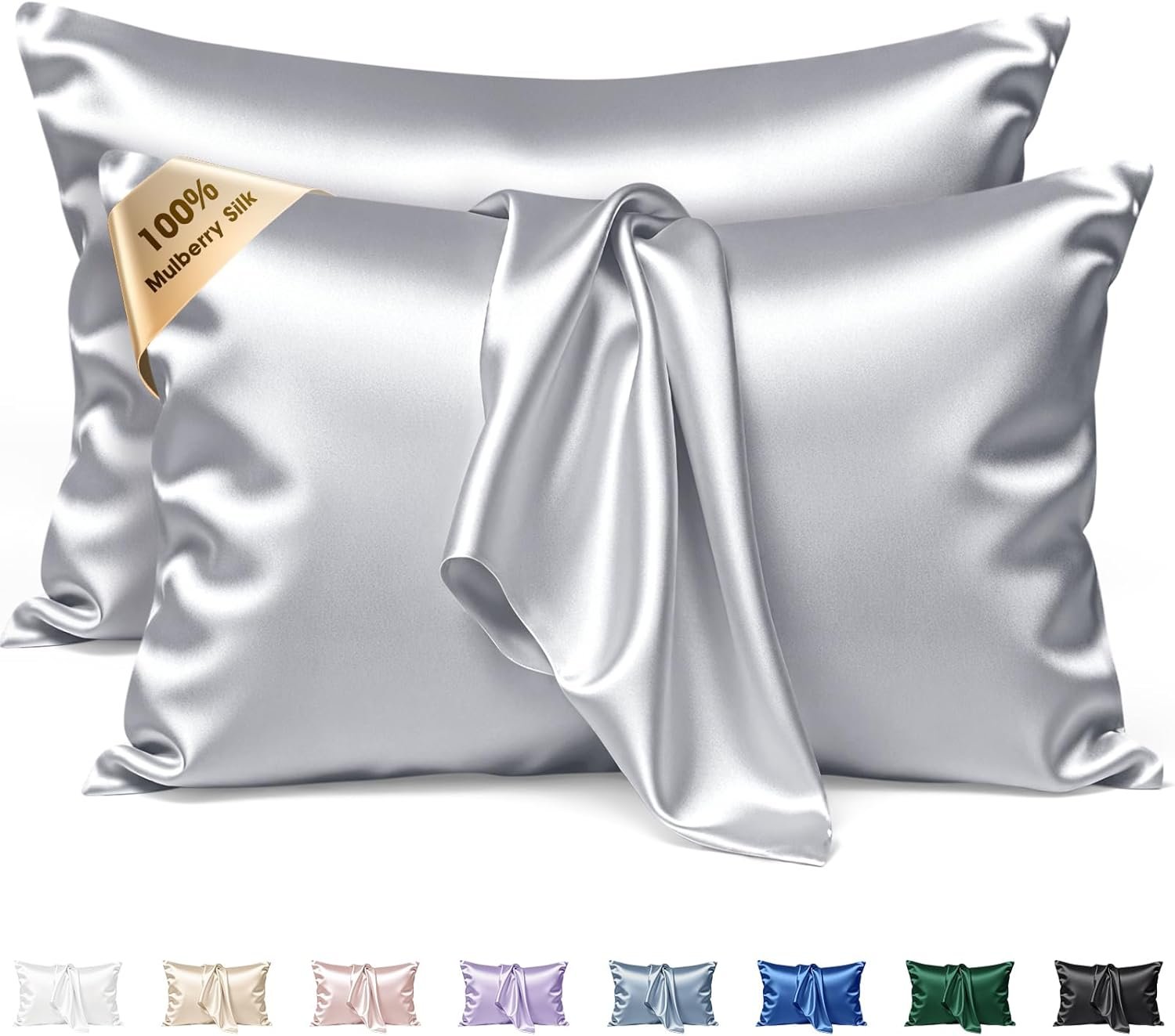 Silk Pillow Cases 2 Pack Queen Size Mulberry Silk Pillowcase Set of 2 for Hair and Skin 30 x 20 Inches 22 Momme Both Side Grade 6A Silk Soft Breathable Cooling with Hidden Zipper, Grey