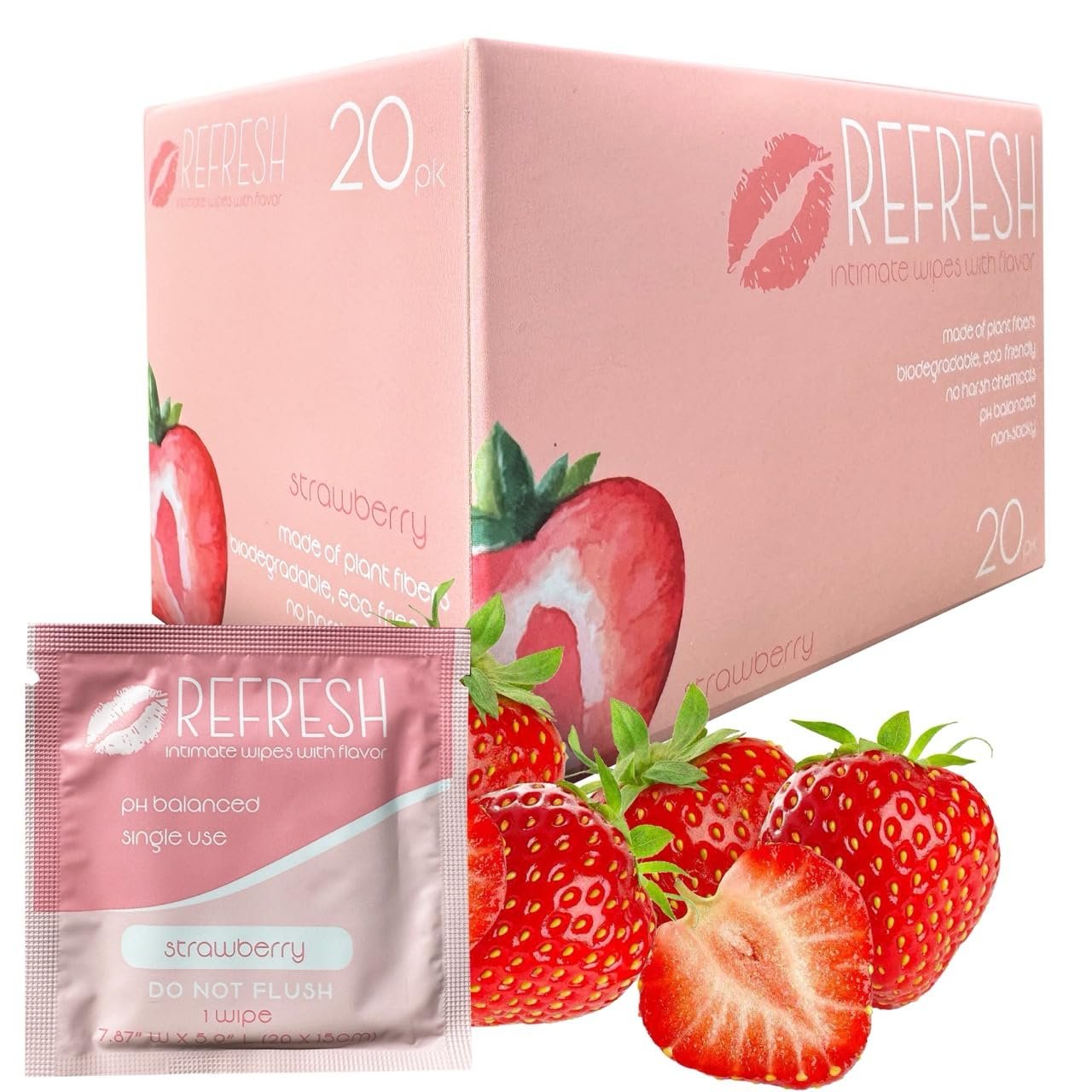 Flavored Feminine Wipes for Women – 20 Count -, Individually Wrapped – pH Balanced Flavored Intimate Wipes – (Strawberry)