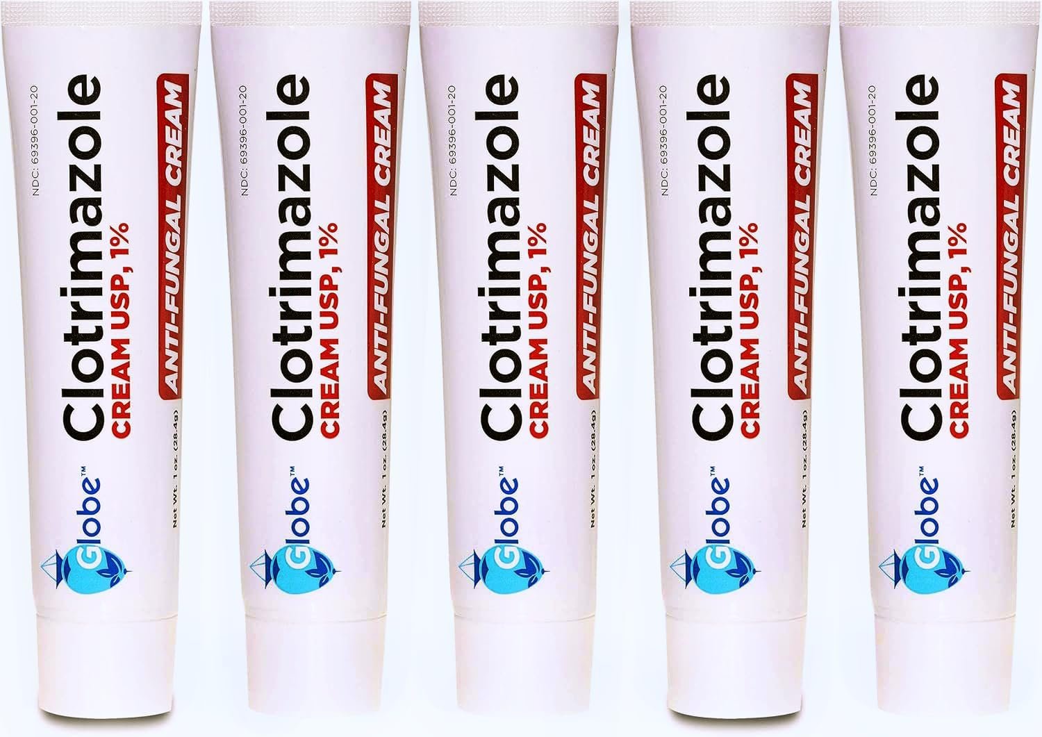 Globe Clotrimazole Antifungal Cream 1% USP (1 oz), Anti Fungal Treatment, Relieves Itching, Burning, Cracking and Scaling Associated Athletes Foot, Jock Itch, Ringworm and More (Pack of 5)