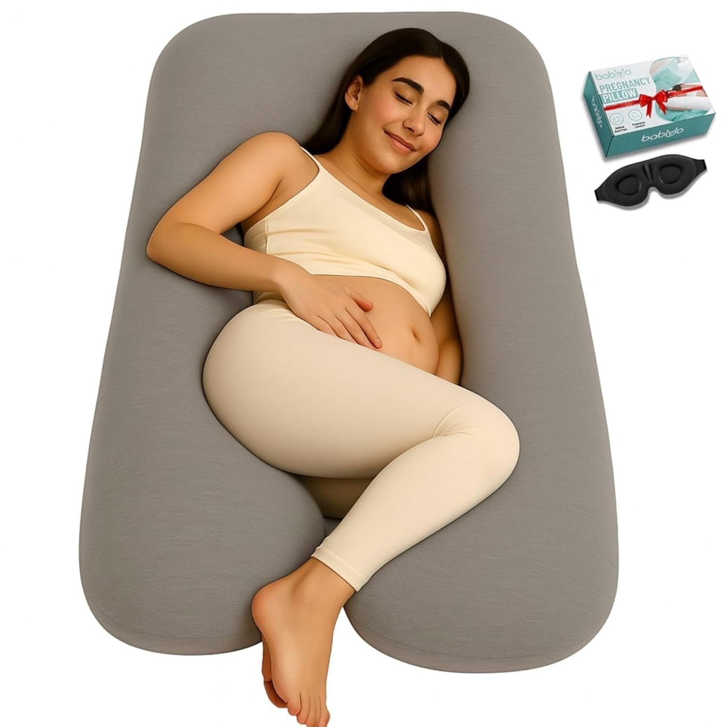U-Shaped Pregnancy Pillow – 100% Cotton Cover, Full Body Maternity Support for Belly, Back and Legs – Bonus Eye Mask and Gift Box (Dark Grey)