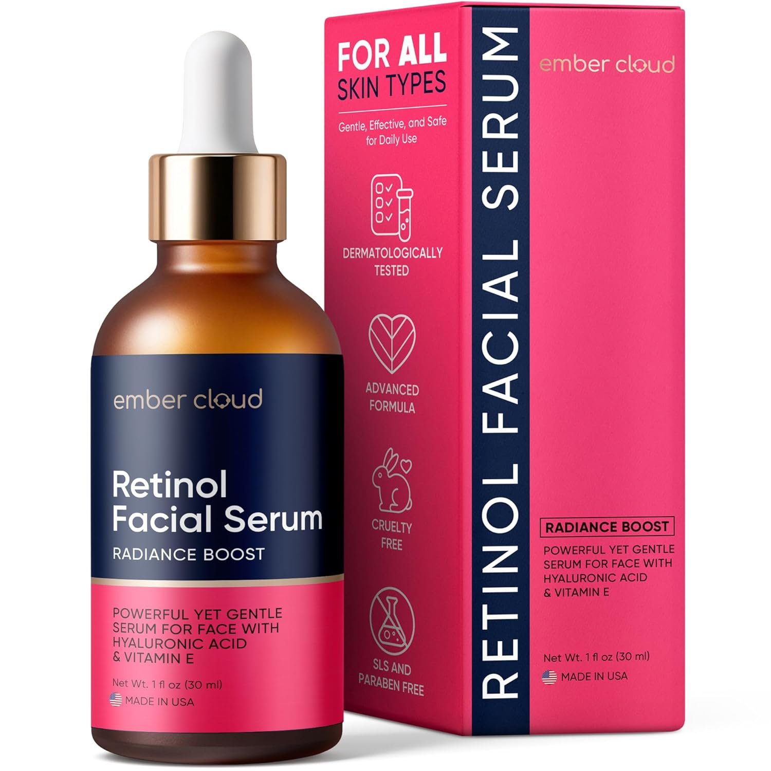 Retinol Serum for Face with Hyaluronic Acid, Vitamin E & Aloe Vera Anti-Aging Serum Supports Even Tone and Hydration Paraben&Fragrance-Free Cruelty Free All Skin Types Made in USA (1 Oz)