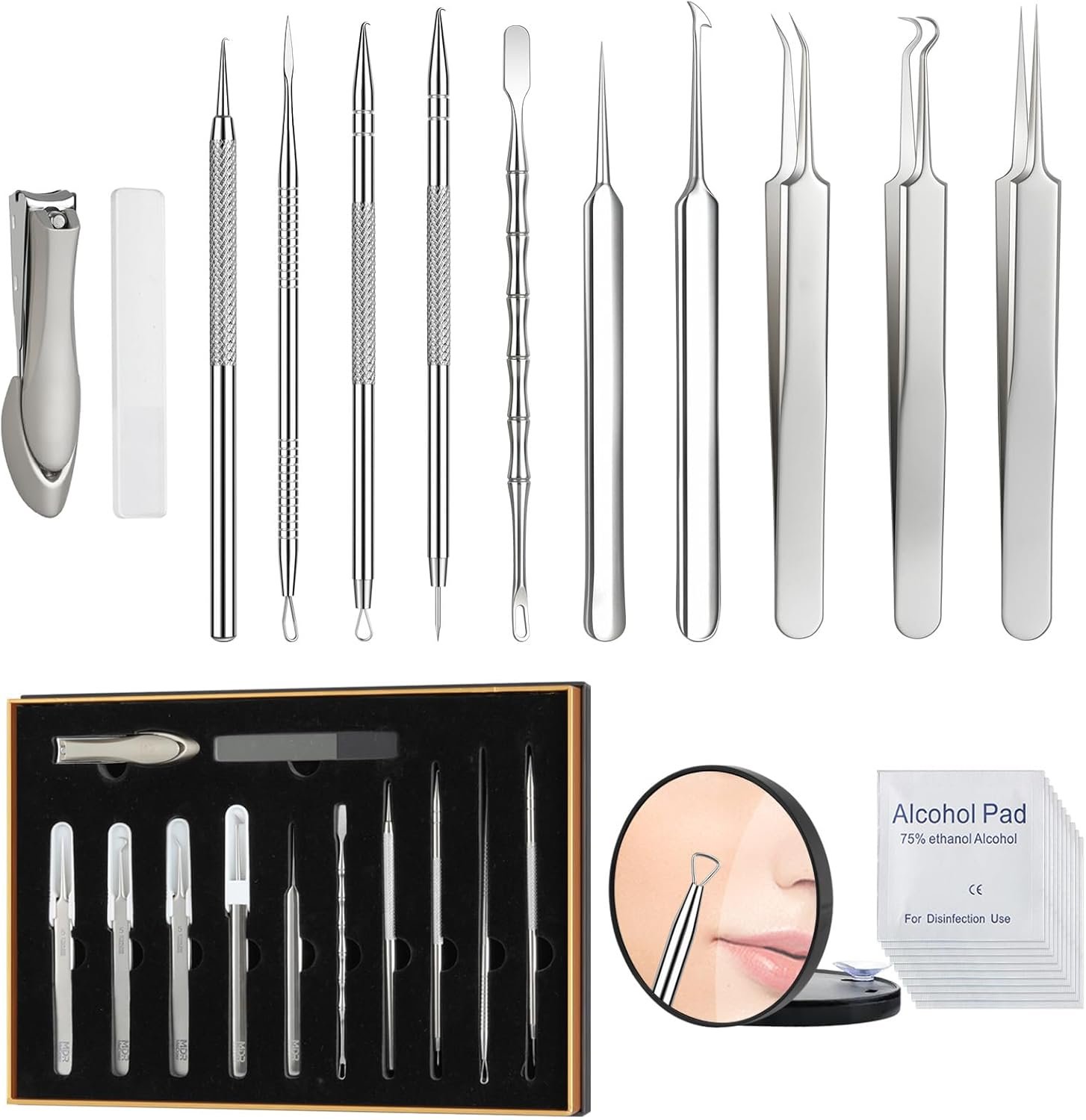12PCS Professional Salon Grade Blackhead Remover Tool Kit, Comedone Extractor Set for Facial Acne Pimple Blemish Whitehead, Comes with 10X Magnifying Mirror & 20 Alcohol Prep Pads