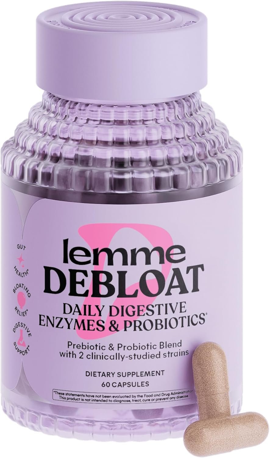 Lemme Debloat 3-in-1 Prebiotic, Probiotic & Digestive Enzyme Capsules for Bloating & Gas Relief – 2 Clinically Studied Probiotics w/5 Digestive Enzymes to Improve Digestion, Women & Men, (60 Count)