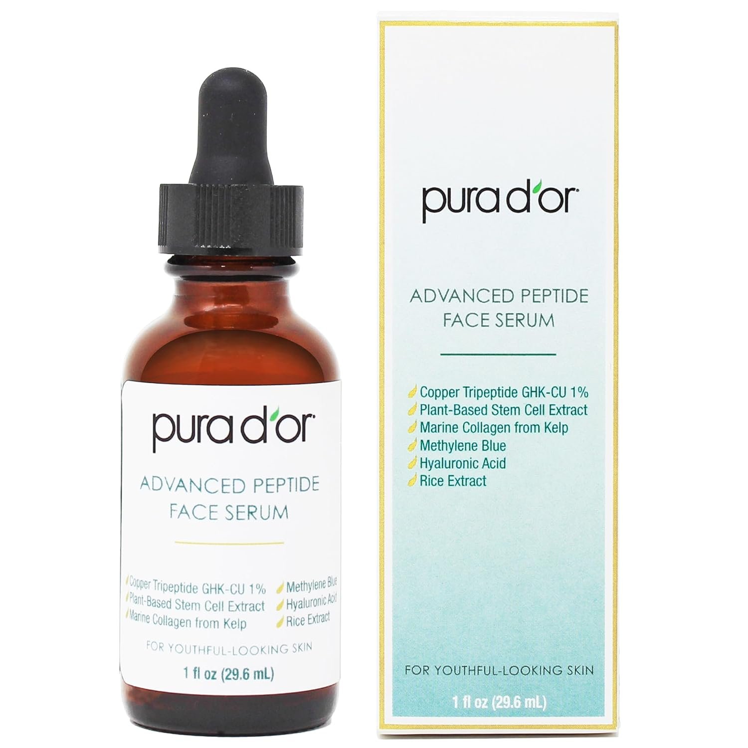 PURA D’OR Advanced Peptide Face Serum: Copper Tripeptide, Plant Stem Cell, Marine Collagen from Kelp, Hyaluronic Acid & Methylene Blue – Anti-Aging Ayurvedic Skin Care for Youthful-Looking Skin 1 Oz