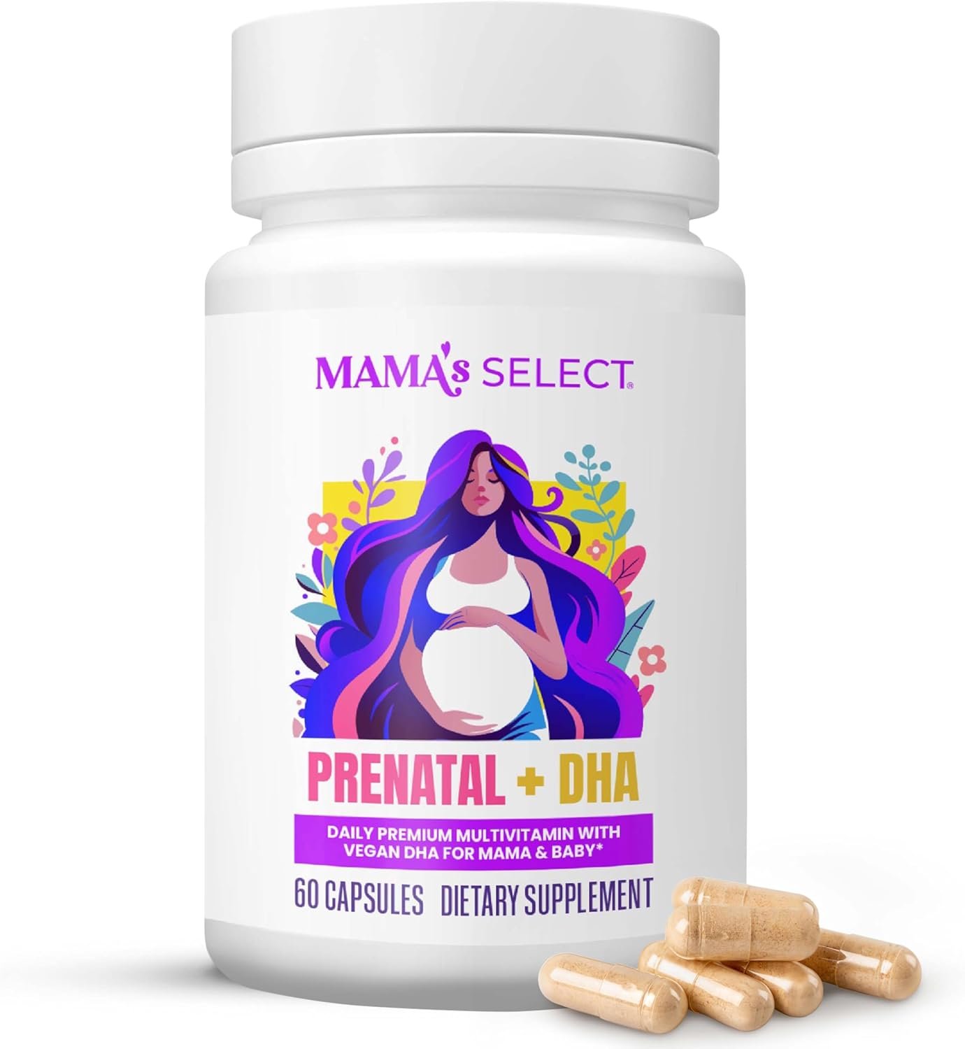 Mama’s Select Prenatal Vitamins with Vegan DHA – Fish-Free, No Fish Burps, Allergen-Free, MTHFR Support, Methylated Folate & B Vitamins, Digestive-Friendly, No Biotin