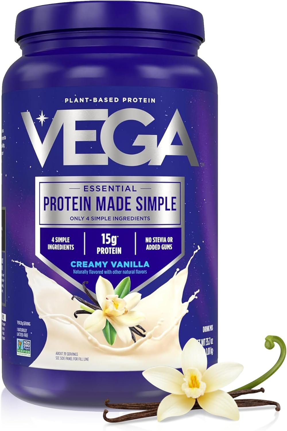 Vega Protein Made Simple Plant-Based Vanilla Protein Powder with 15g Protein – Stevia-Free, Clean Nutrition – 2.2 lbs (38 Servings)