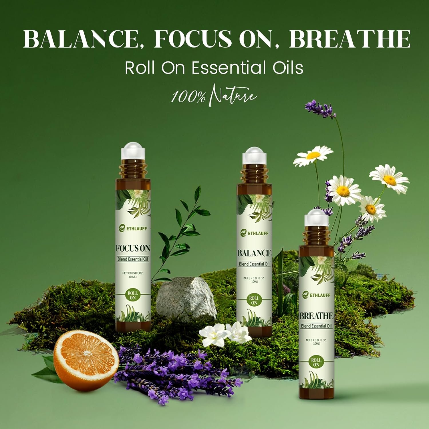 Essential Oils Roll On Set 3 Pack (Breathe, Focus on, Balance) – Essential Oil Blend Stress Relief Gift Aromatherapy Self Care Gift for Women, 3 * 10ml