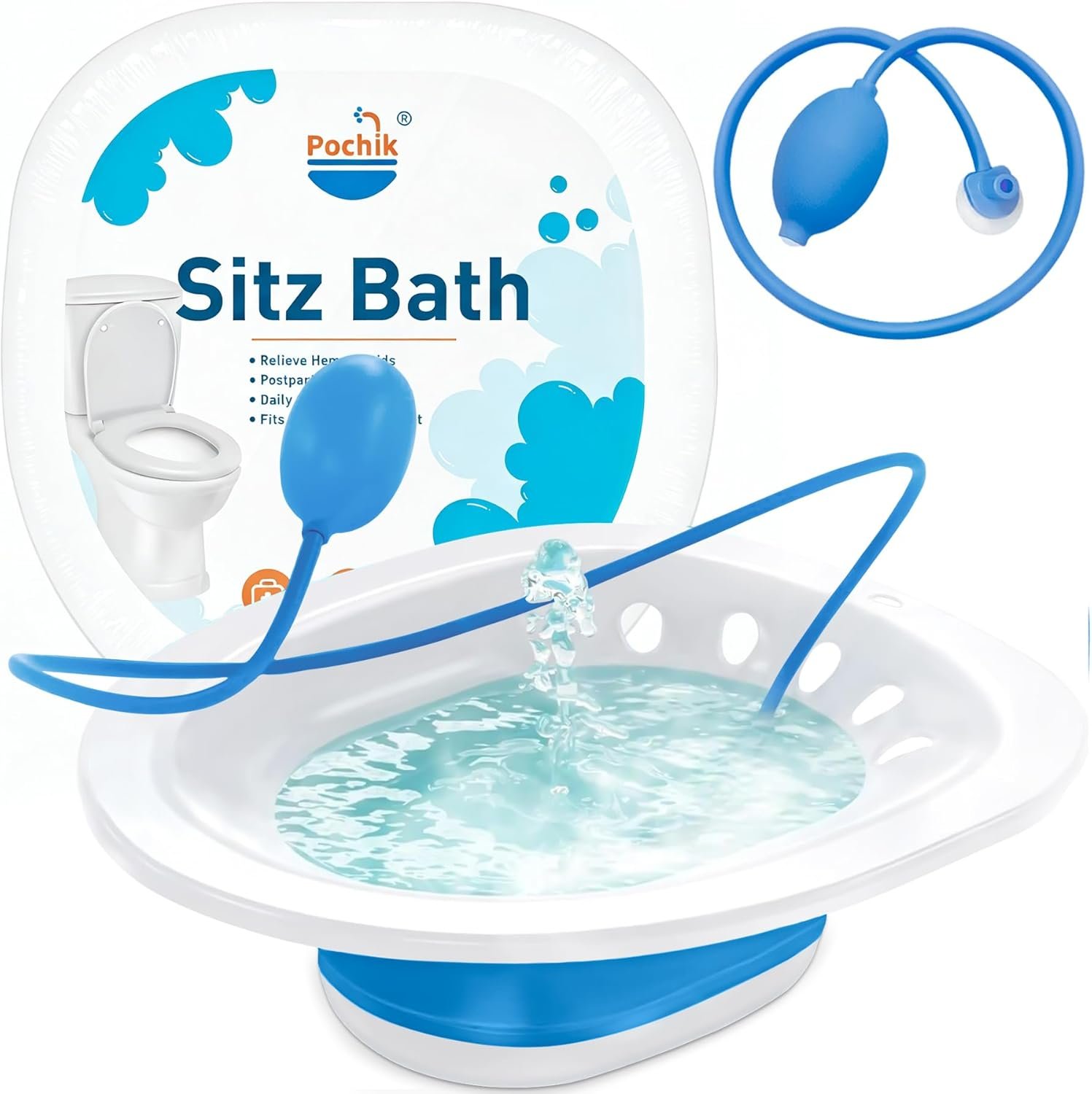 Pochik Sitz Bath for Toilet Seat Hemorrhoids and Postpartum Care, Yoni Steam Seat, Perineal Soaking, Collapsible, Flusher Hose, Drain Holes, Wider Seating Area – Blue