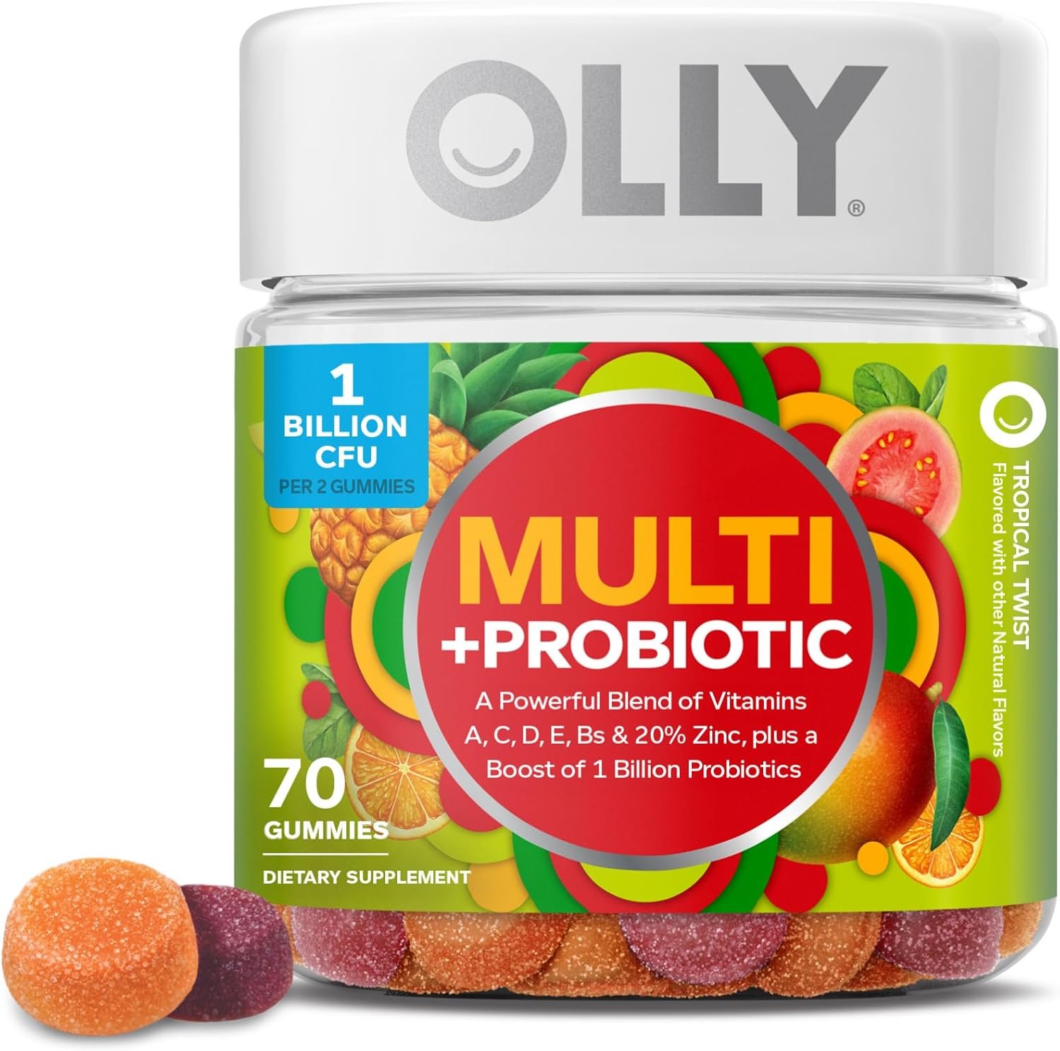 OLLY Multi + Probiotic Adult Multivitamin Gummy, Digestive and Immune System Support,* Chewable Supplement, Tropical Flavored, 35 Day Supply – 70 Count