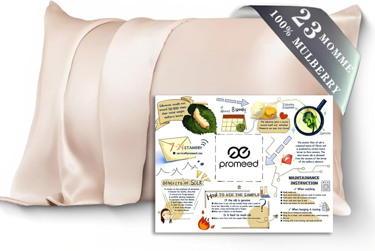 PROMEED 100% Mulberry Silk Pillowcase for Hair and Skin, Both Sides 23 Momme Grade 6A+ Silk Pillow Case with Hidden Zipper, 1400 TC, Soft & Smooth (Standard 20″x26″, Champagne)