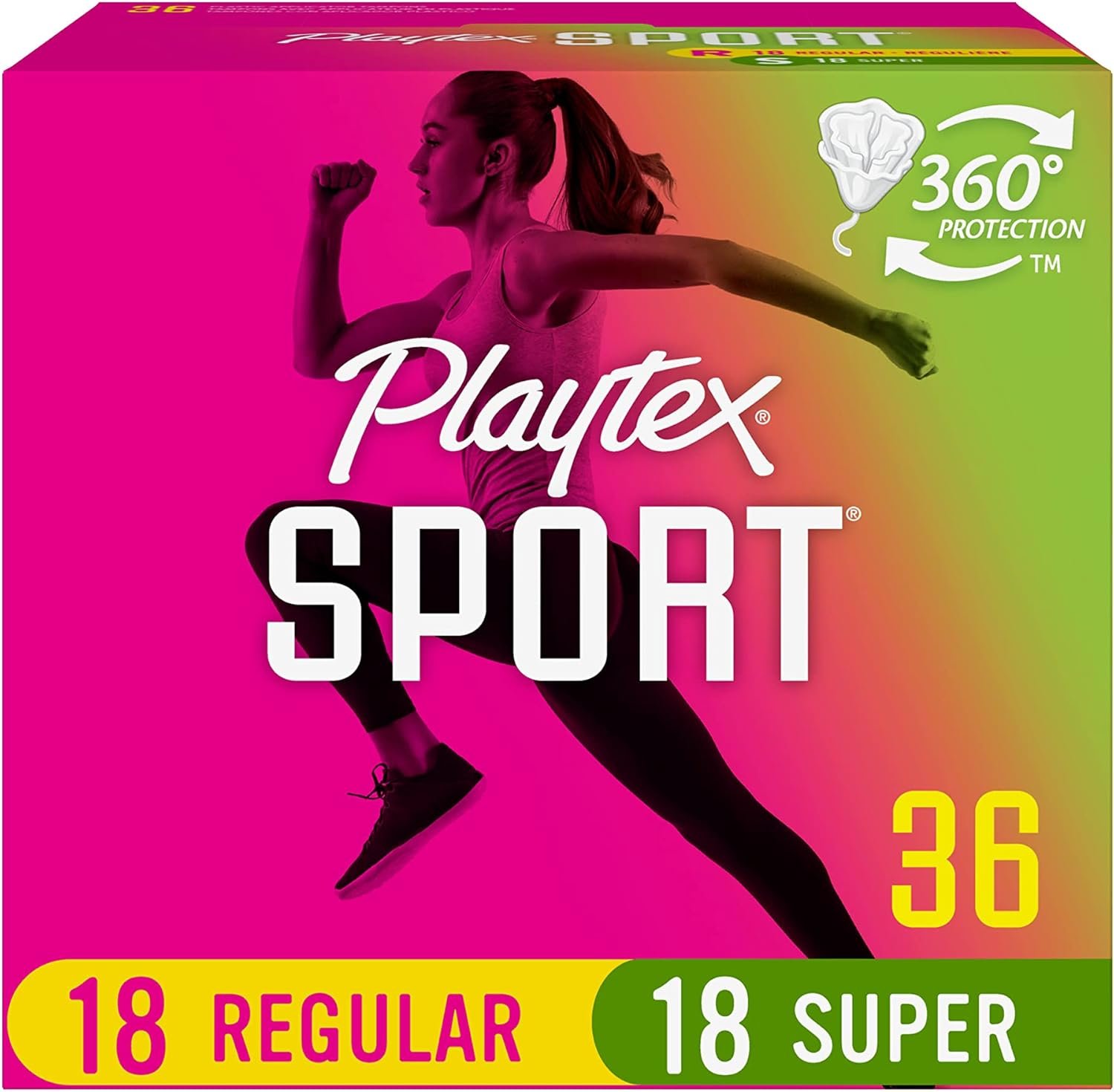 Playtex Sport Tampons, Multipack (36ct Regular/36ct Super Absorbency), Fragrance-Free – 72ct (2 Packs of 36ct)