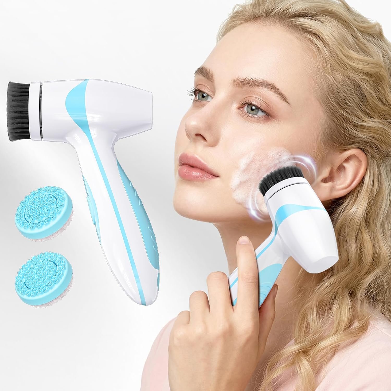 Rechargeable Facial Cleansing Brush – Dual Rotating Electric Face Scrubber with 3 Brush Heads, Waterproof Exfoliator for Deep Cleansing, Valentine’s Day Gifts for Her, Mom (Blue)