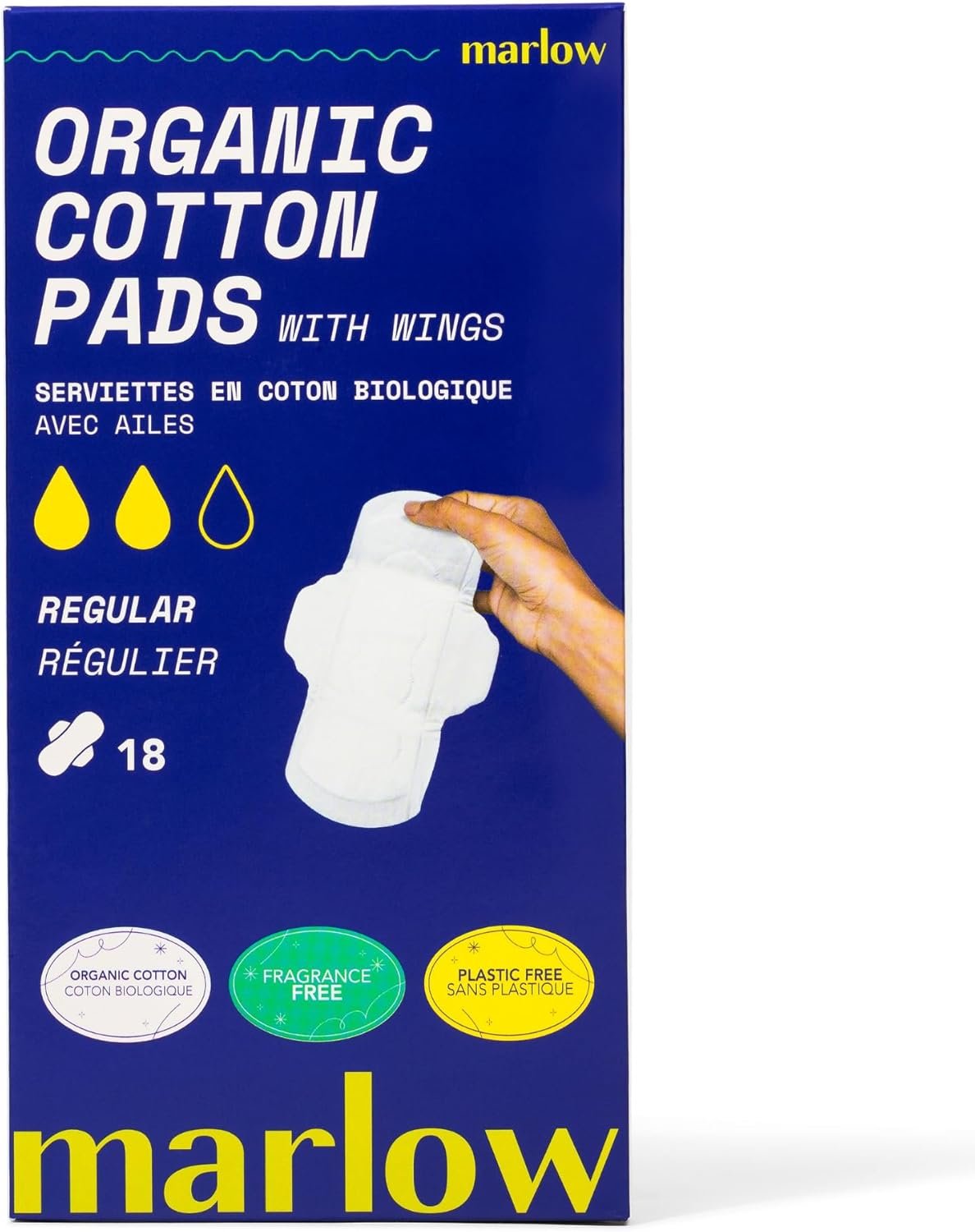 Marlow 100% Organic Cotton Pads – Free from plastic, fragrance, dyes, chlorine-bleaching, Ultra Soft, Leak Proof, Super Absorbent with extra sticky wings, Regular (Day Time), White