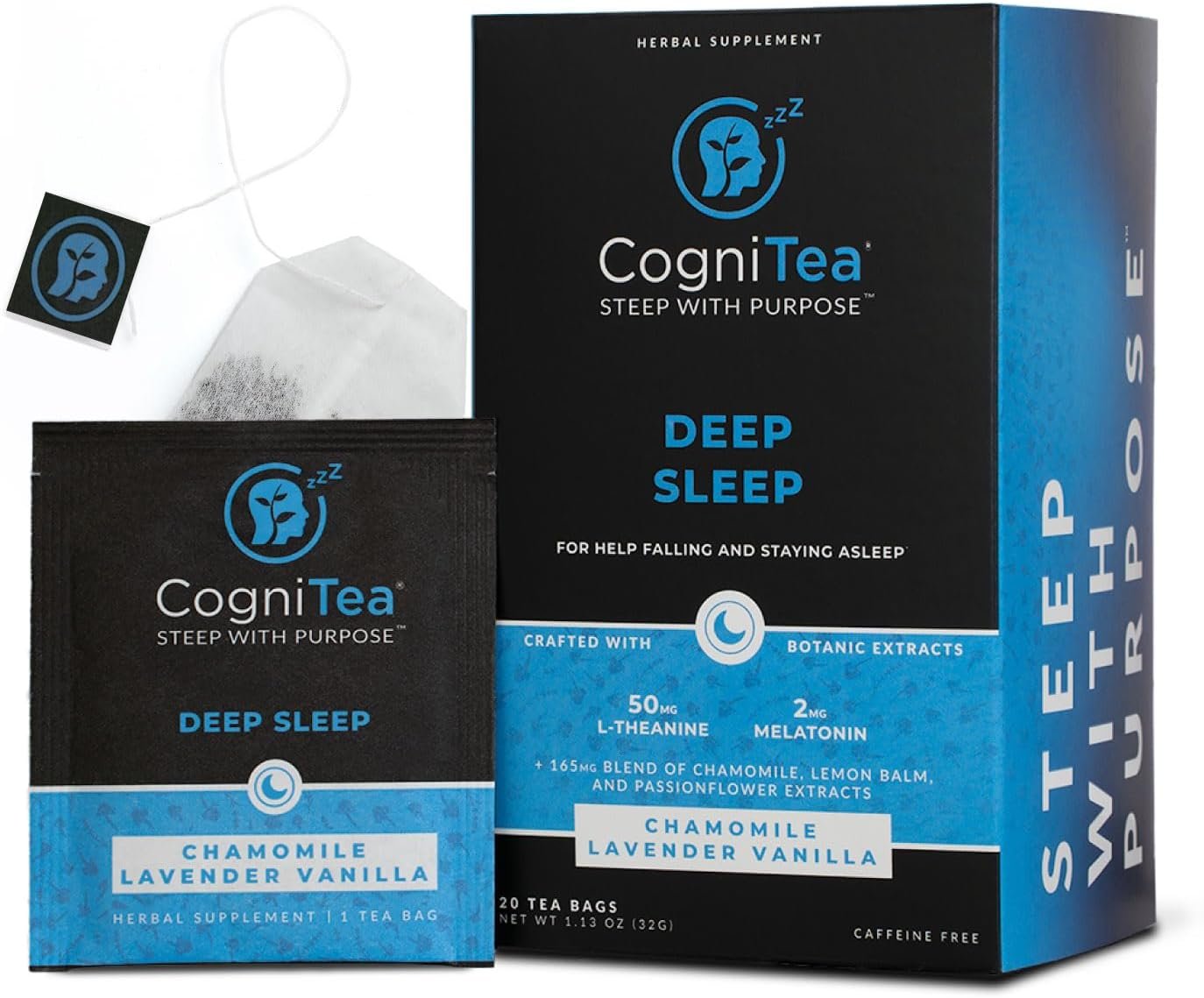 CogniTea Deep Sleep Tea 2mg Melatonin and 50mg L-Theanine for Deep Sleep with Valerian, Chamomile, Lemon Balm and Passion flower Extra Strength Sleepy for Night Time Rest and Relaxation