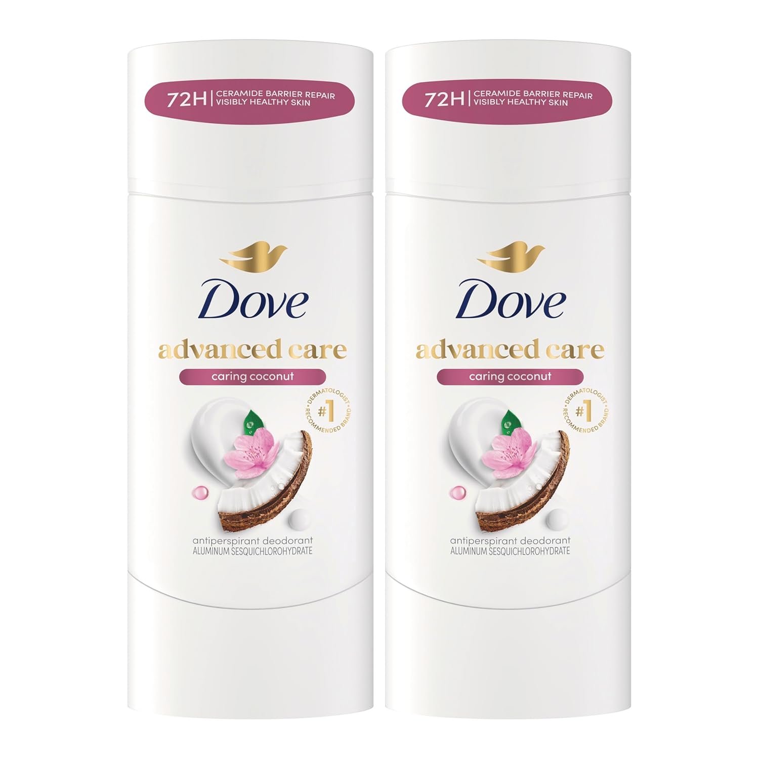 Dove Advanced Care Antiperspirant Caring Coconut, 2 Count Deodorant Stick for Women, for 48 Hour Protection And Soft And Comfortable Underarms, 2.6 oz
