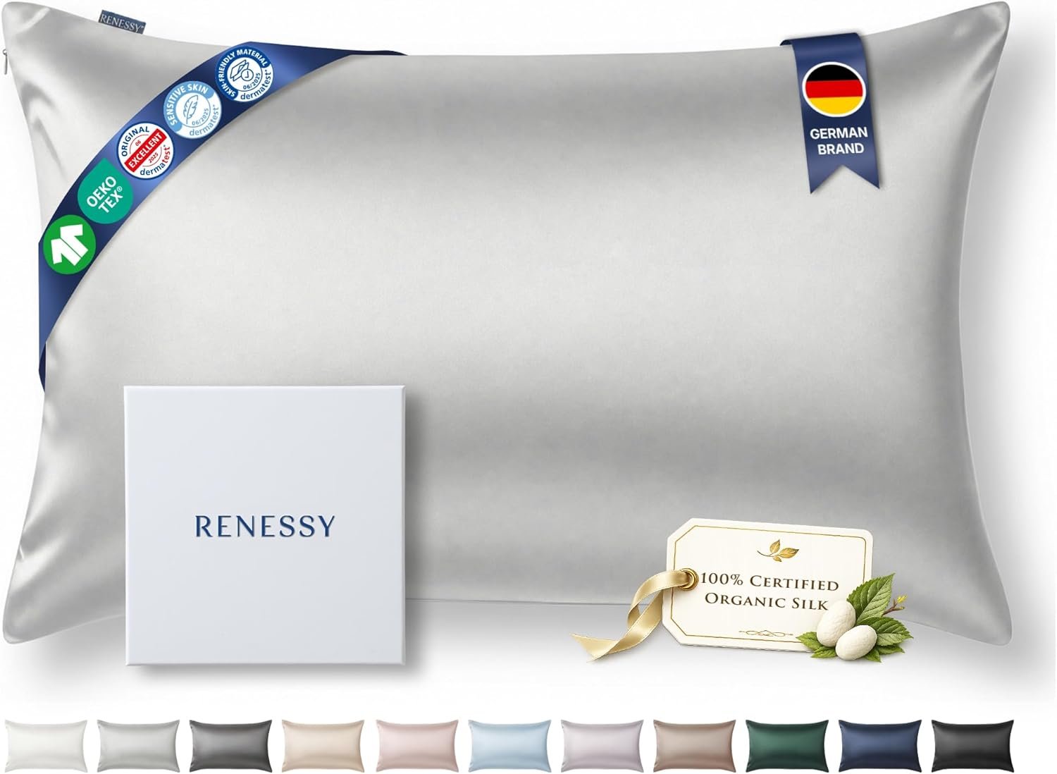 Premium Silk Pillowcase 100% Organic Mulberry Silk, 22 Momme, Grade 6A – Oeko-Tex Certified in Germany – Luxury for Hair & Skin, 1 Piece (Standard, Light Grey)