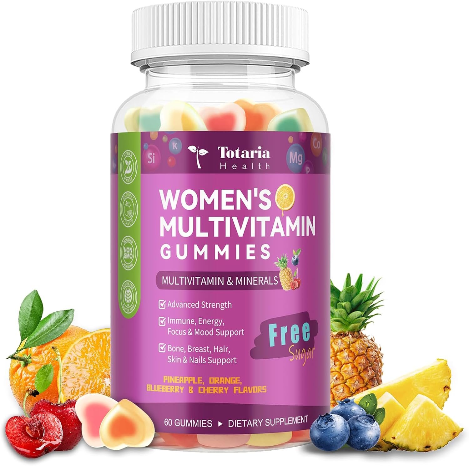 Totaria Sugar Free Womens Multivitamin Gummies with Iron, Women’s Multivitamin w/Vitamins C, D3 K2, B12, B6, Filled Gummies for Daily Nutritional Support| Immune Support| Skin Health, Mixed Flavors