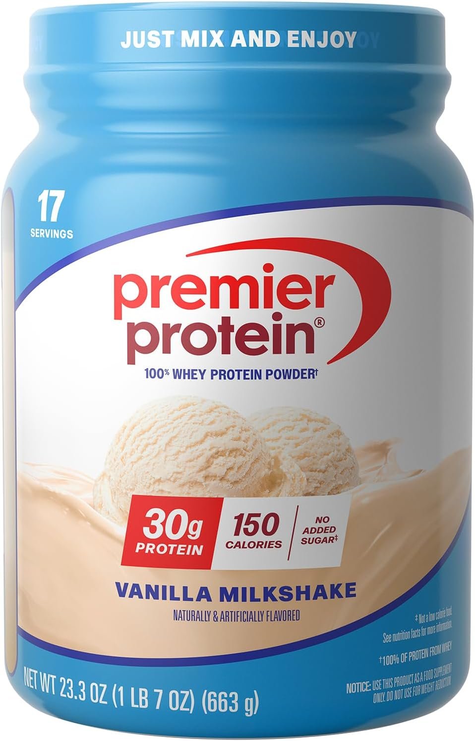 Premier Protein Powder, Vanilla Milkshake, 30g Protein, 1g Sugar, 100% Whey Protein, Keto Friendly, No Soy, Gluten Free, 23.3 oz (17 Servings)
