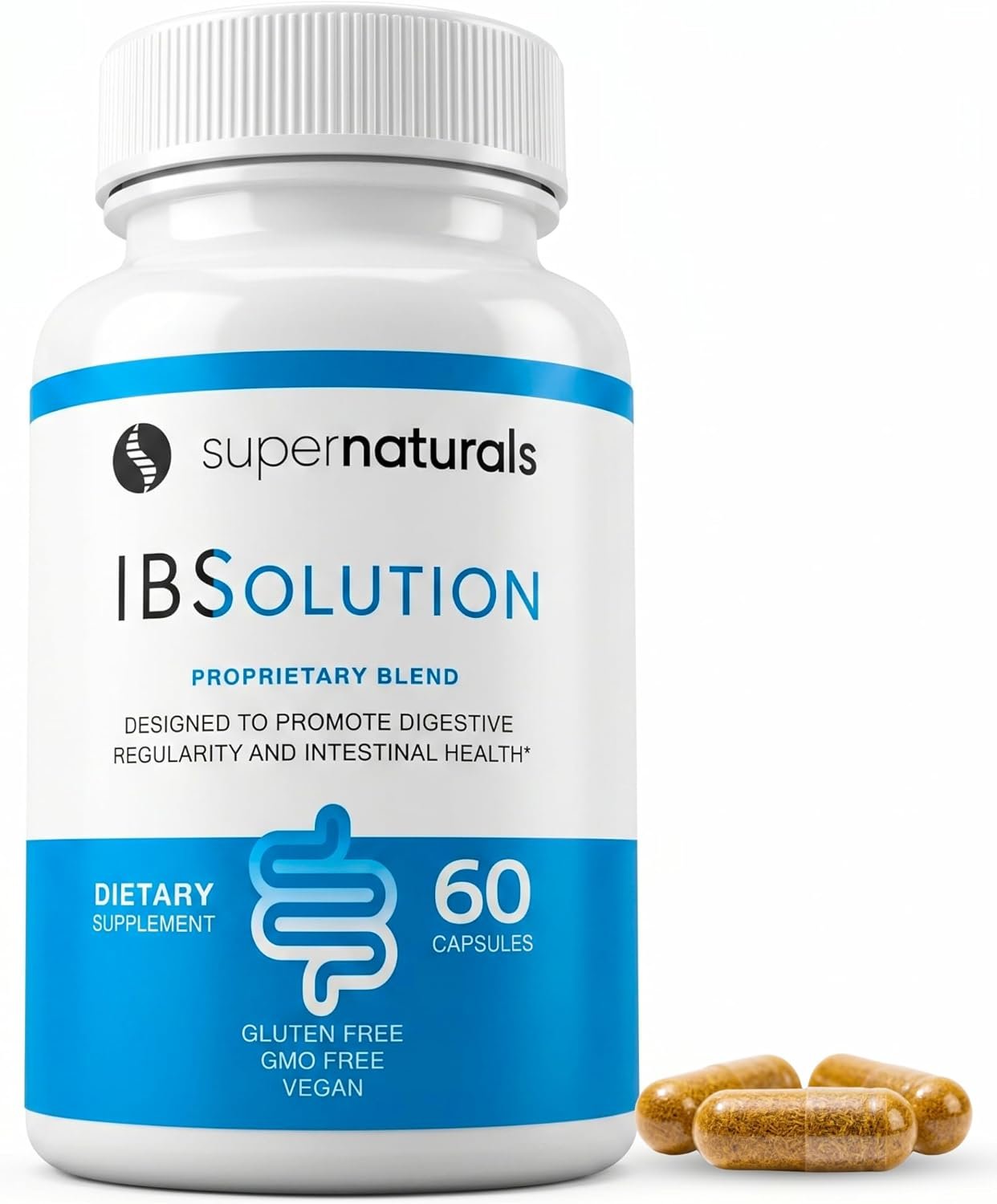 SuperNaturals IBSolution – Made in USA, Non-GMO, Gluten Free & Vegan (60 Capsules) – Digestive Gut Health Supplement With Psyllium Husk – Gas, Bloating, Diarrhea, Constipation Relief, Abdominal Pain