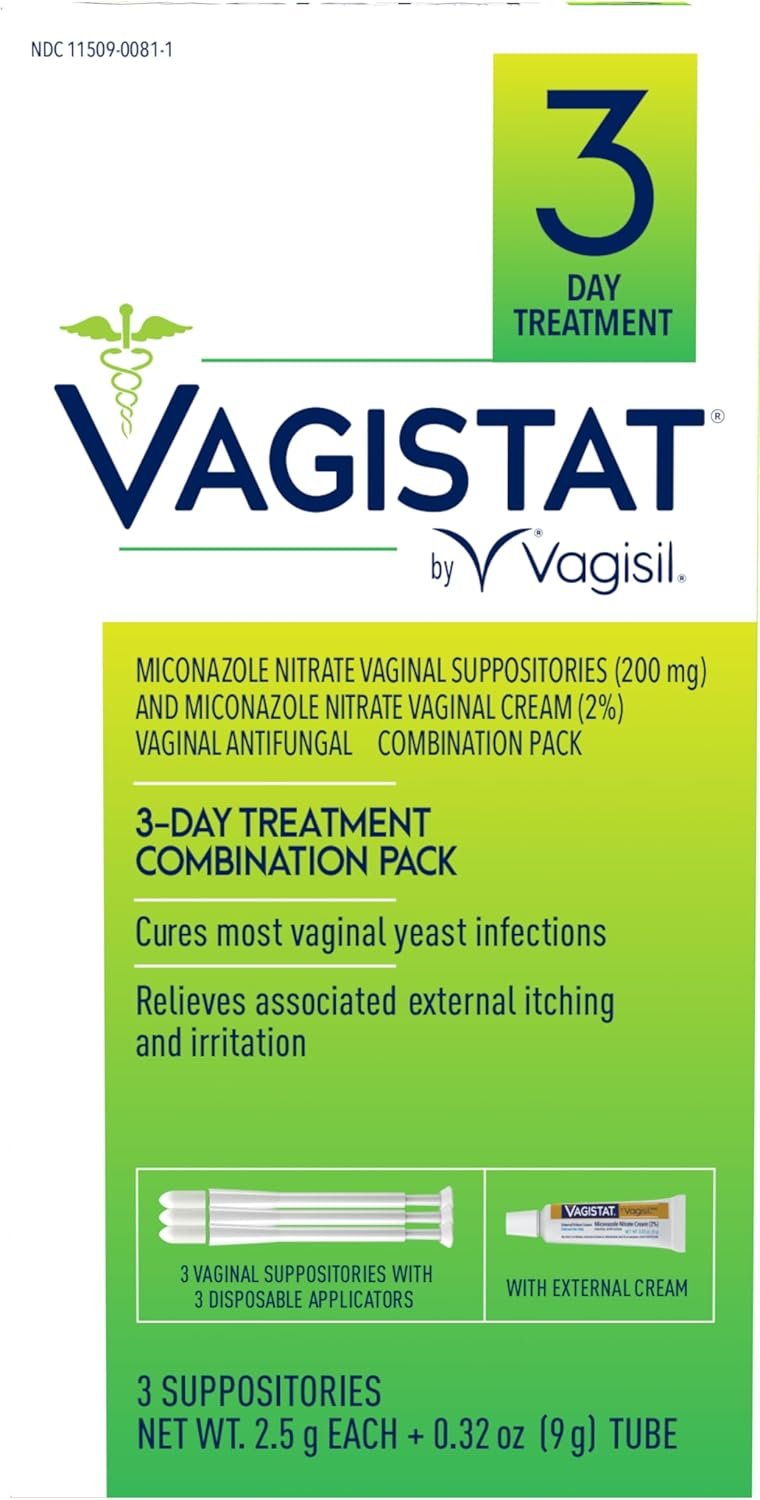Vagisil Vagistat 3 Day Yeast Infection Treatment for Women, Relieves External Itching and Irritation – 2% External Miconazole Nitrate Cream, 3 Disposable Suppositories & Applicators (Pack of 1)
