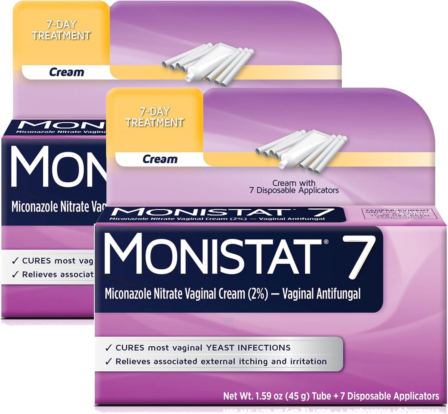 Monistat 7-Day Yeast Infection Treatment for Women, Miconazole Cream (45g Tube) & 7 Applicators, for Relief of Mild Vaginal Itching, 2 Pack