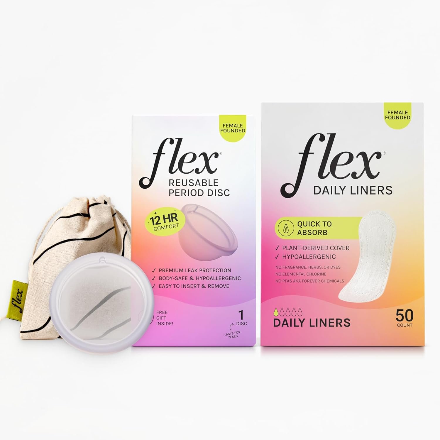 Flex Reusable Disc & Flex Daily Liners (50 Count) Bundle | Beginner-Friendly Tampon Alternative | Unscented | Disc Capacity of 6 Super Tampons