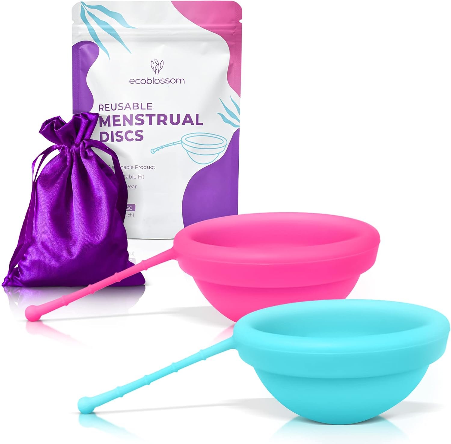 EcoBlossom Reusable Menstrual Disc with Removal String – The Most Reliable Medical Grade Silicone Period Discs – Comfortably use for 12 Hours (Pack of 2, Rose & Teal)
