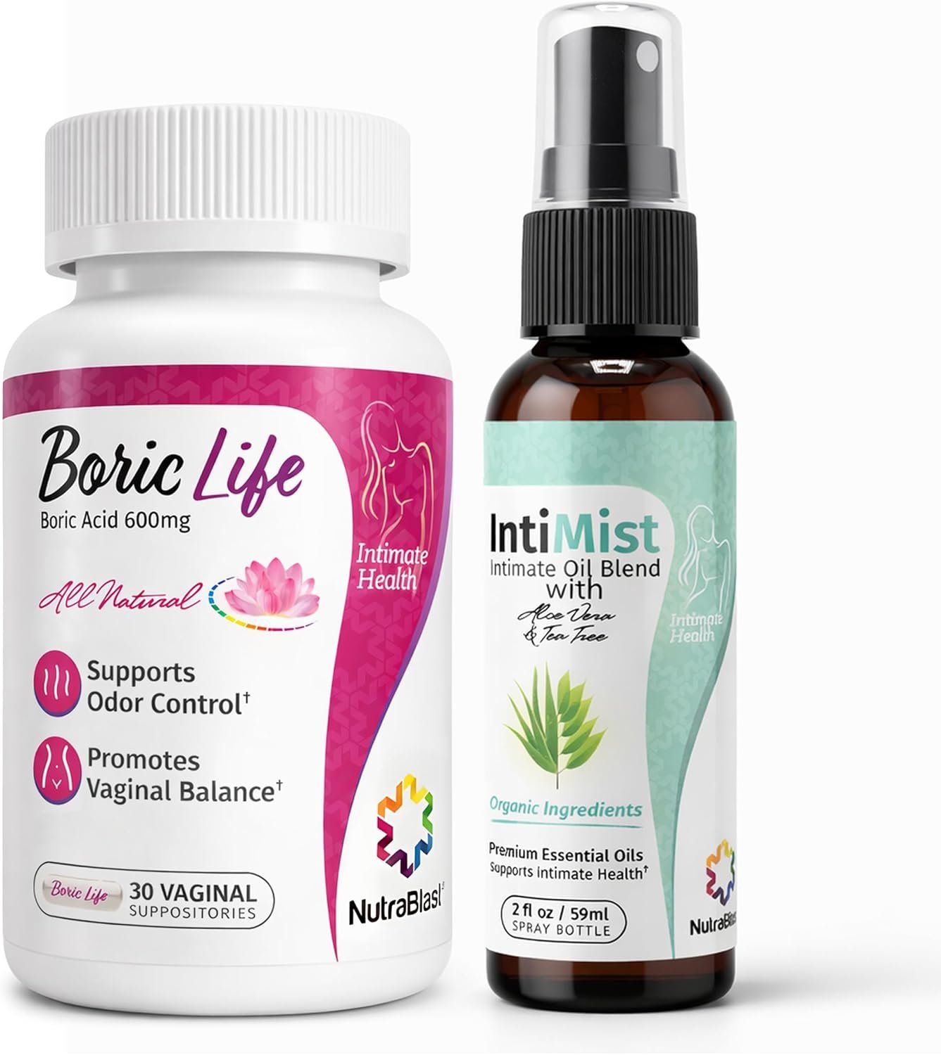 NutraBlast Boric Acid Vaginal Suppositories 600mg (30 Count) Bundle with Intimist Essential Oils Blend Spray (2 fl oz)
