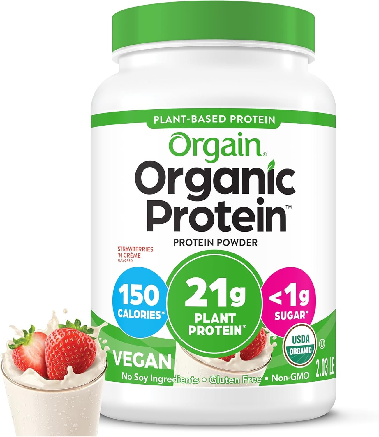 Orgain Organic Vegan Protein Powder, Strawberries & Cream – 21g Plant Based Protein, 4g Prebiotic Fiber, Low Net Carb, No Lactose Ingredients, No Added Sugar, Non-GMO, For Shakes & Smoothies, 2.03 lb