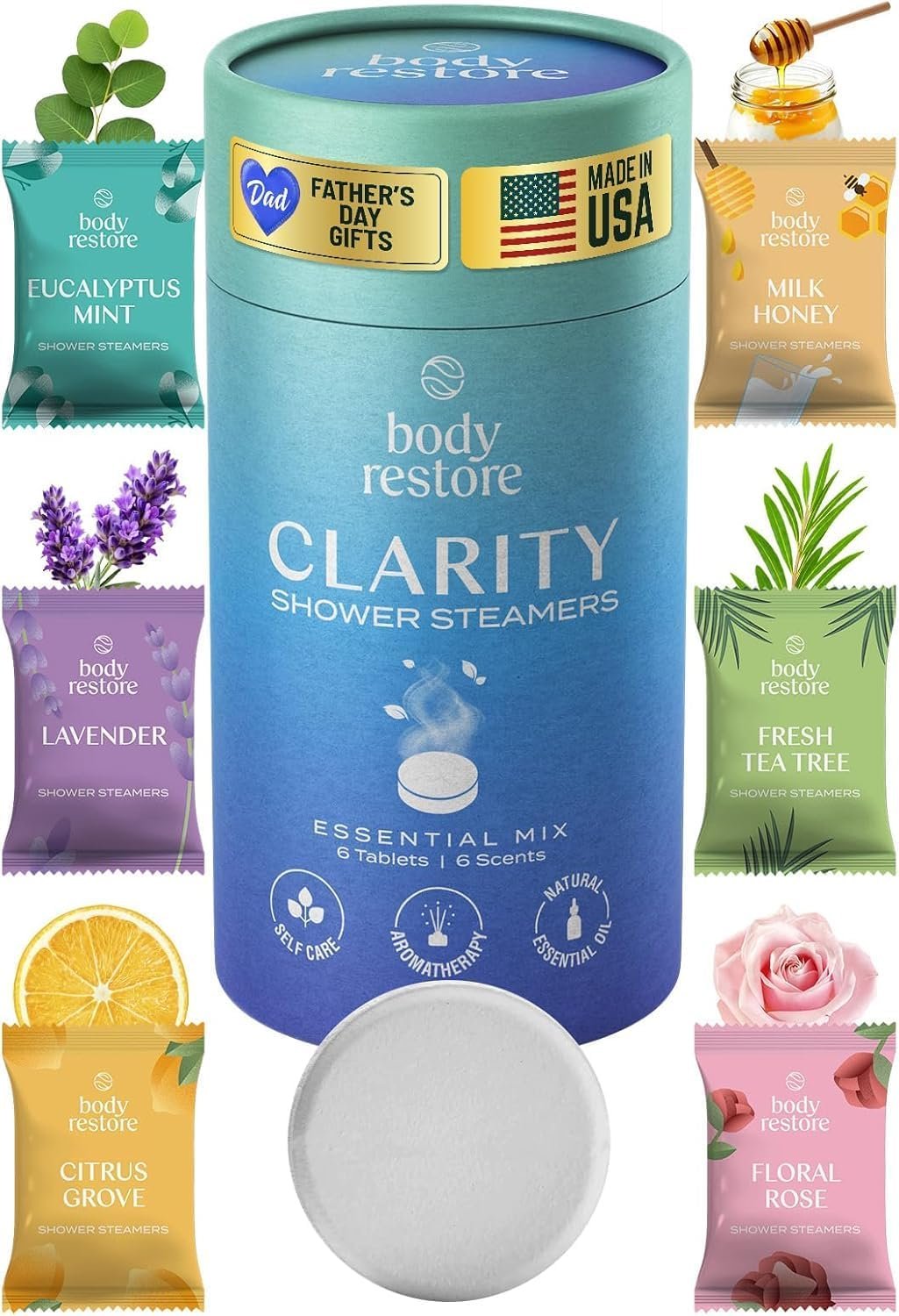 Body Restore Shower Steamers Aromatherapy 6 Pack – Fathers Day Gift for Dad, Birthday Gifts for Women & Men, Spa Stress Relief & Relaxation Self Care Gifts – Premium Clarity Essential Oil Tablets