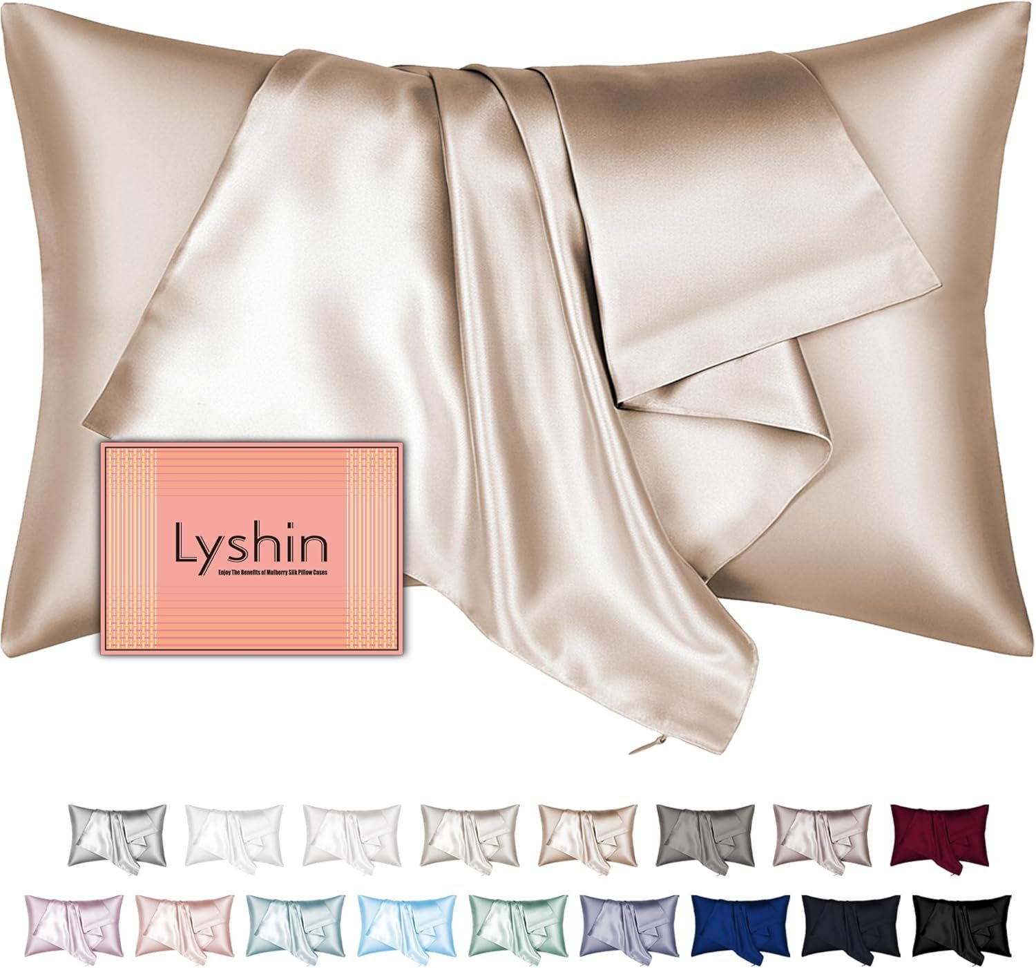 Silk Pillow Cases Standard Size with Hidden Zipper, Mulberry Silk Pillowcase for Hair and Skin, Smooth and Soft Breathable Cooling Silk Satin Pillow Covers for Sleeping, Gifts for Women, Champagne