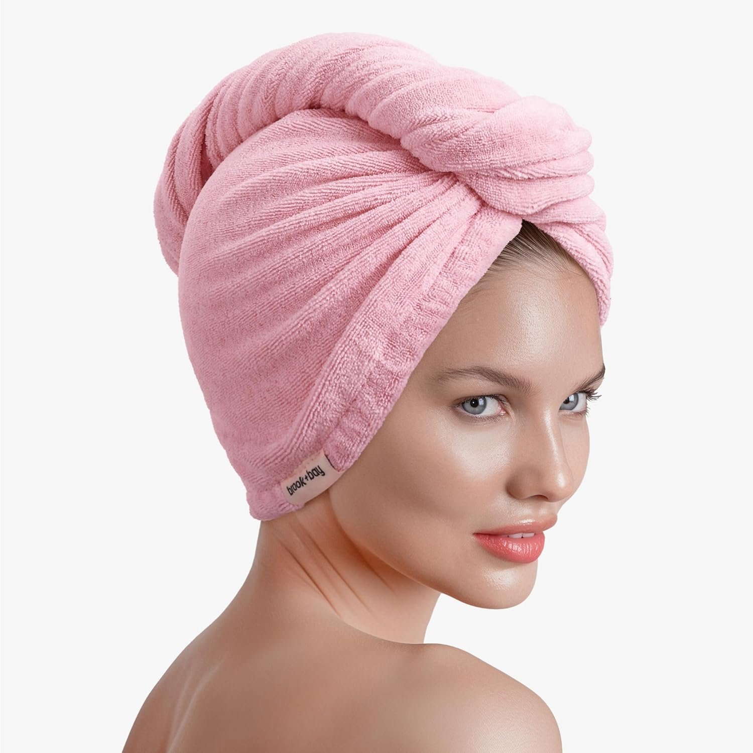 Brook + Bay Microfiber Hair Towel Wrap – Quick Dry Microfiber Towel for Hair – Anti-Frizz Plopping Turban – Machine Washable – Pink