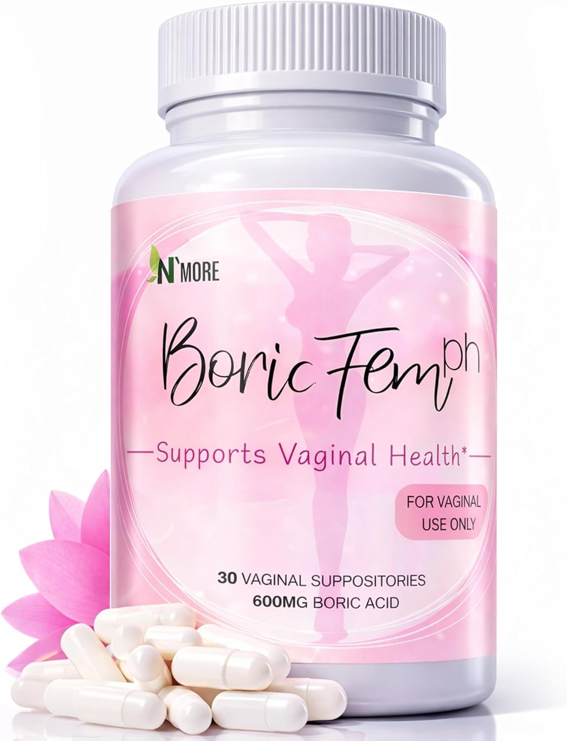 N’More Boric Acid Suppositories 600mg – Supports Vaginal pH Balance & Odor Control – 100% Pure Made in USA – Intimate Health Support – 30 Count