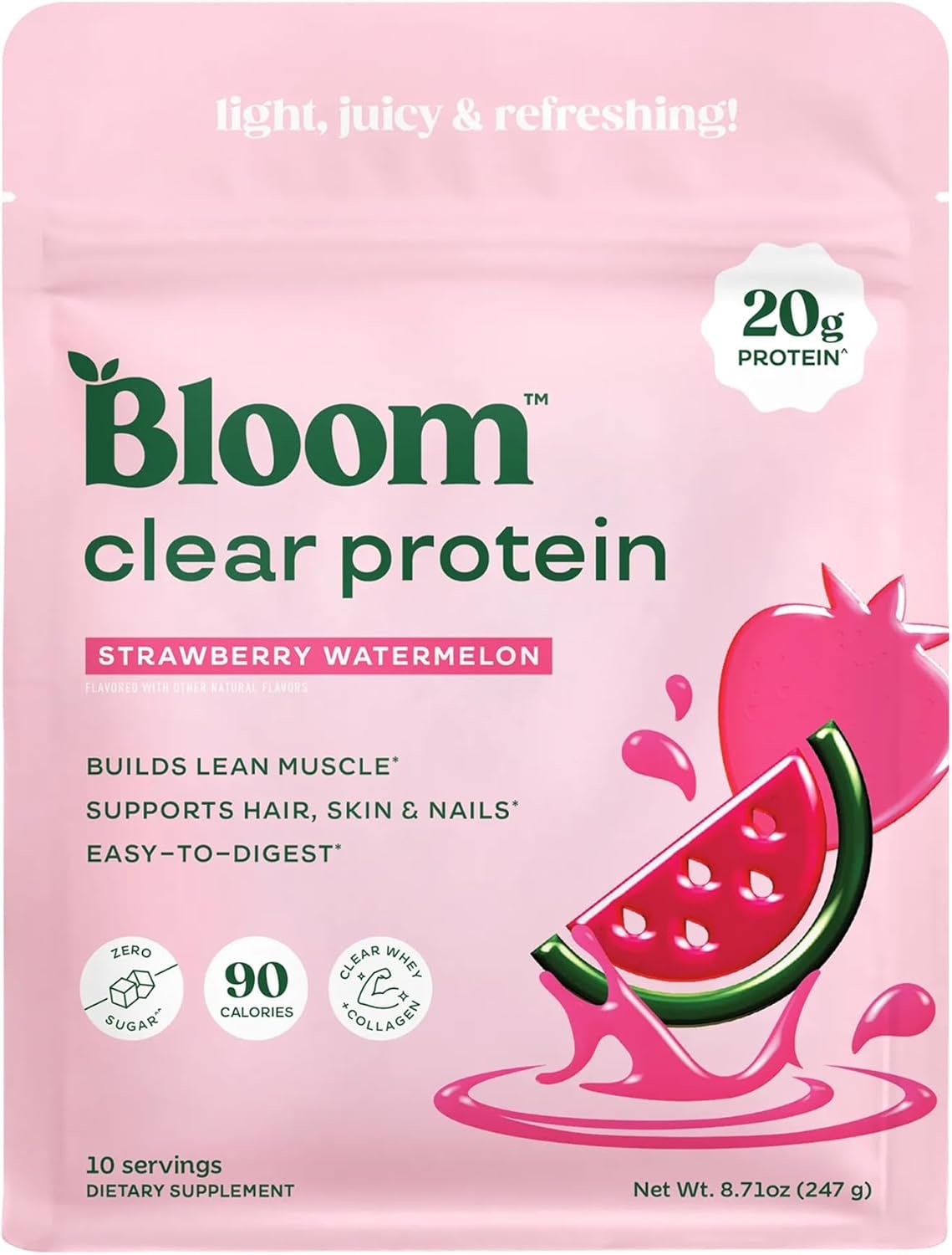 Bloom Clear Protein, Whey Protein Isolate with Collagen Peptides and Digestive Enzymes, 20g Protein, Sugar Free Post Workout Drink Mix, 90 Calories, Strawberry Watermelon, 10 Servings