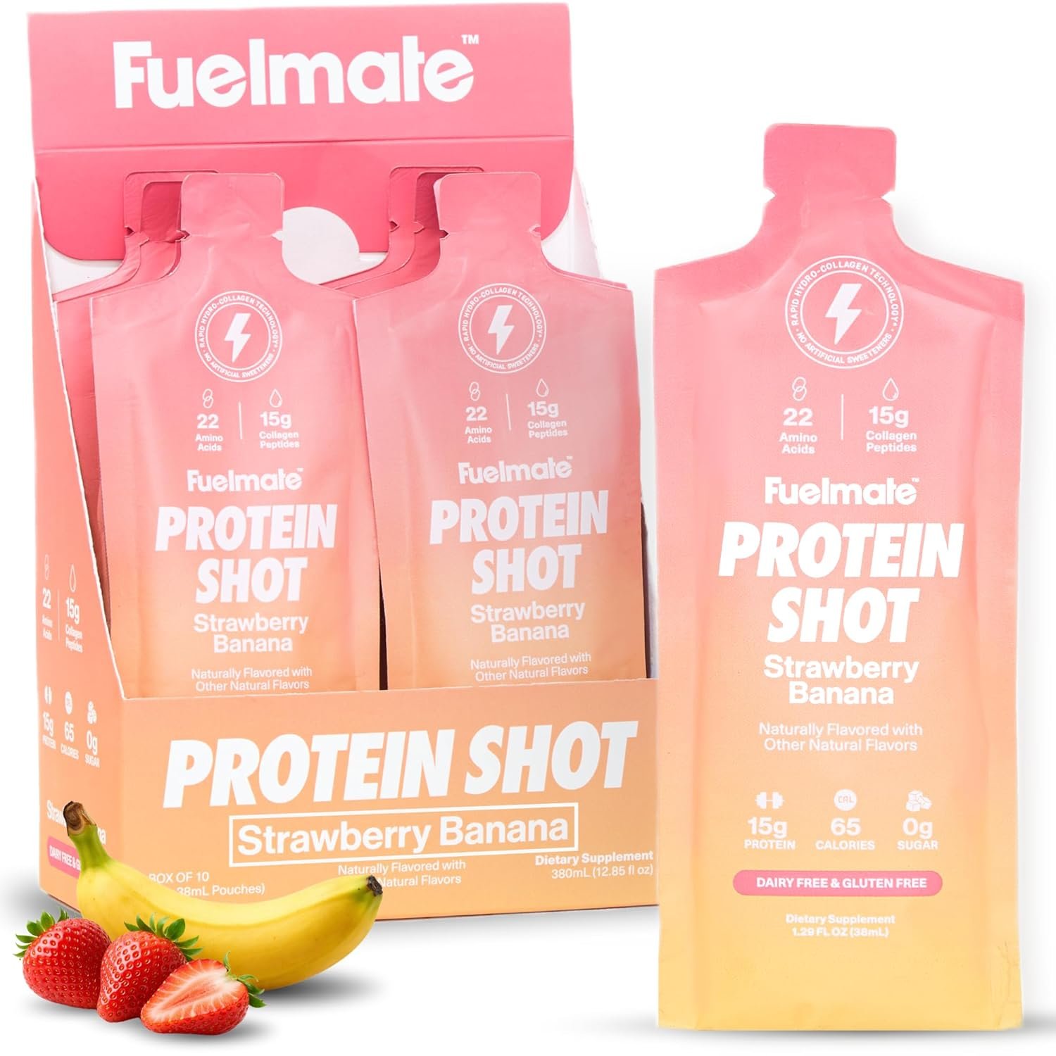 Strawberry Banana Liquid Collagen Easy Protein Shots – 15g Protein + 22 Amino Acids – Hydrolyzed Bovine Collagen Peptides for Skin, Hair & Joints – 10 x 1.29oz – Sugar, Dairy & Gluten Free