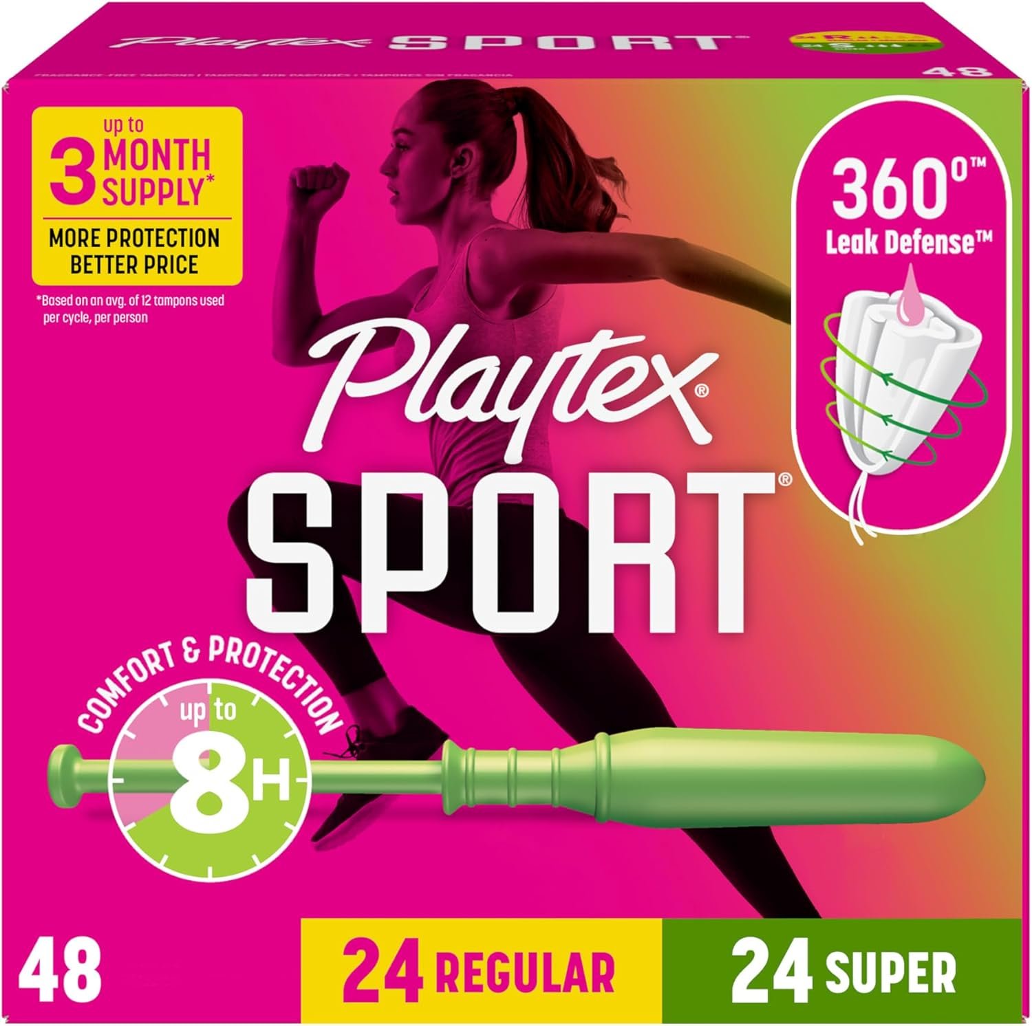 Playtex Sport Tampons Multipack (24ct Regular/24ct Super), Fragrance-Free – 48ct | Tampons Regular and Super, Playtex Tampon Multipack, Feminine Care with 360 Leak Defense