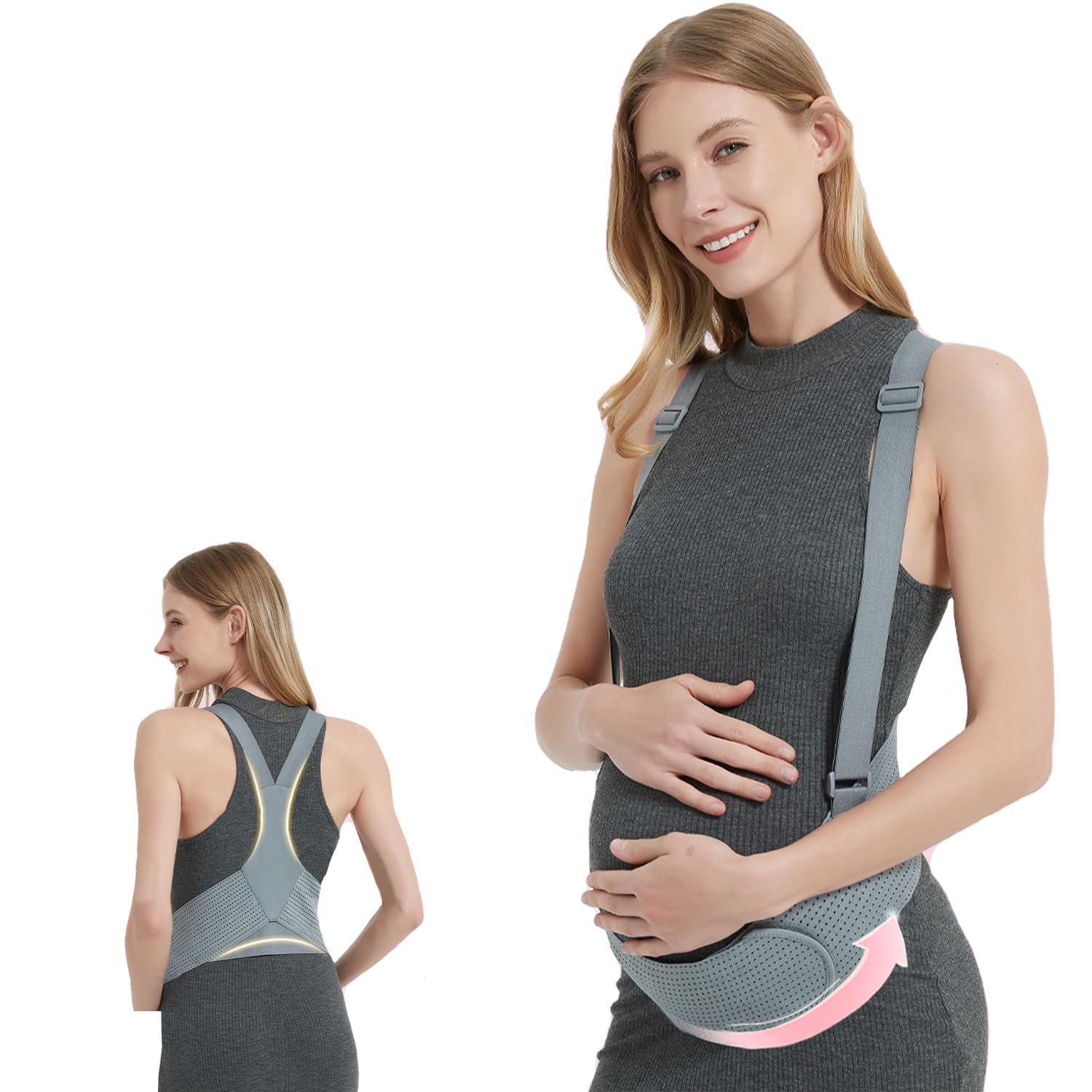 Maternity Belly Band with Belt – Adjustable Anti-Slip Pregnancy Belly Support with Shoulder Straps for Back, Pelvic, Abdominal Relief, Breathable, Vest Style (Grey, XLarge,49″-59″)