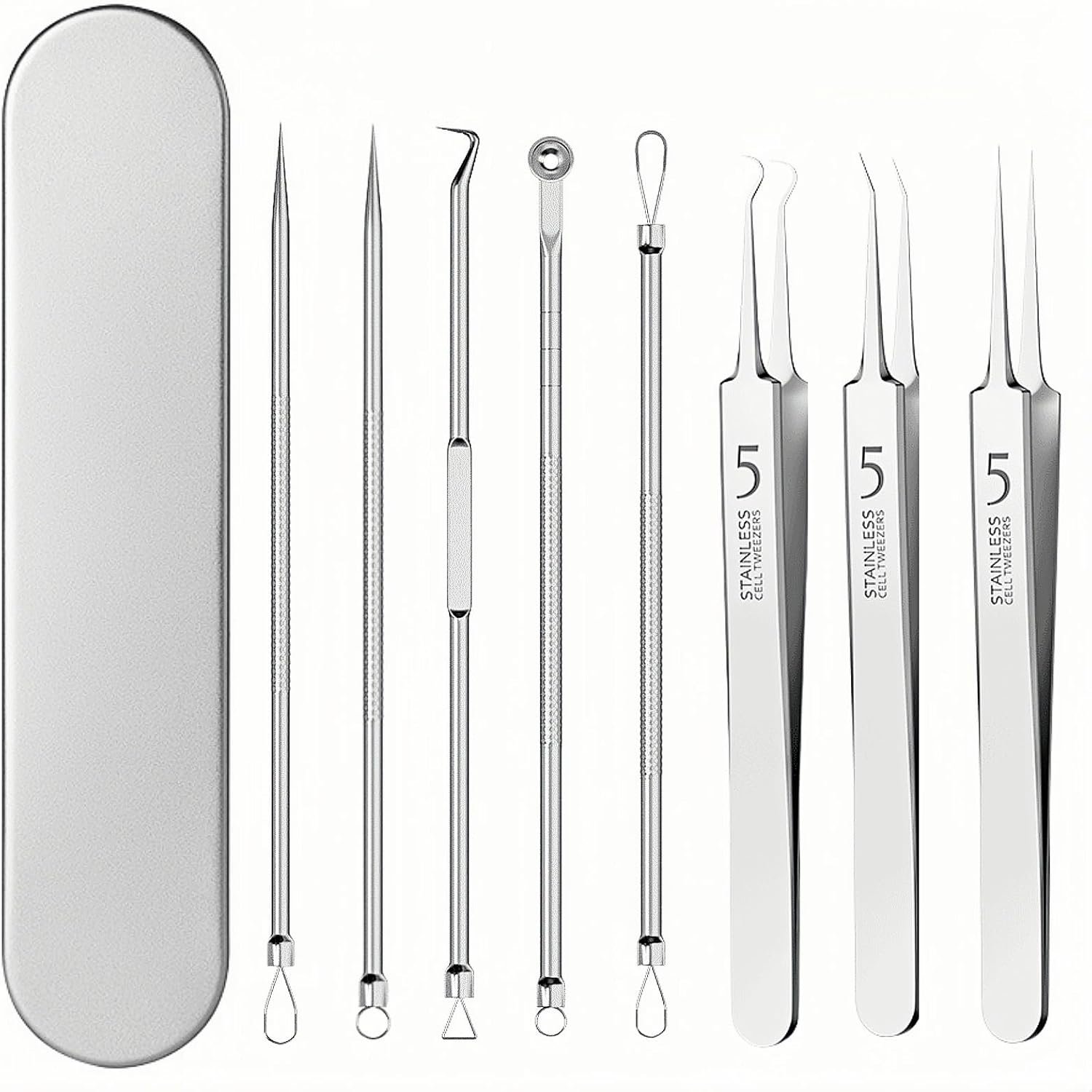 8-Piece Blackhead Remover Tool Kit – Professional Pimple Popper Extractor Set for Acne, Comedones, Whiteheads & Blemishes – Stainless Steel with Metal Case