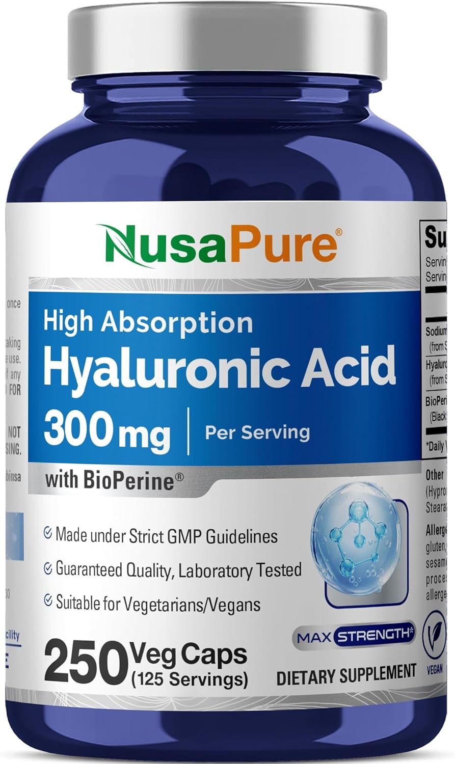 NusaPure Hyaluronic Acid 300mg 250 Veggie Capsules (Non-GMO, Vegan)
