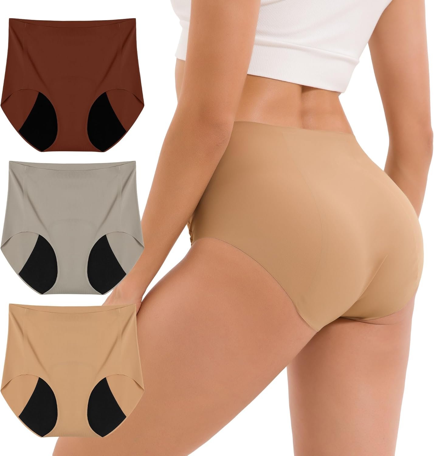 INNERSY Lightweight Period Underwear for Women Silky Seamless High Waisted Panties 3-Pack