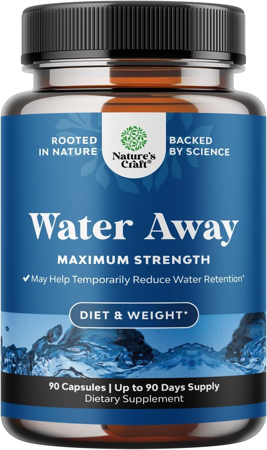 Water Away Herbal Diuretic Pills High Strength – Fluid Retention Supplement with Dandelion Leaf Extract & Green Tea for Bloating Relief for Women & Men – Capsules for Leg & Feet Swelling – 90 Count