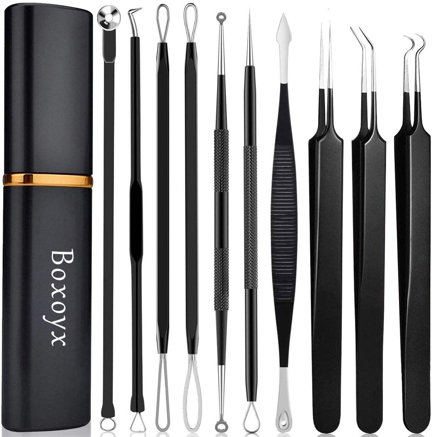 Pimple Popper Tool Kit – Boxoyx 10 Pcs Blackhead Remover Comedone Extractor Kit with Box for Quick and Easy Removal of Pimples, Blackheads, Zit Removing, Forehead,Facial and Nose (Black)