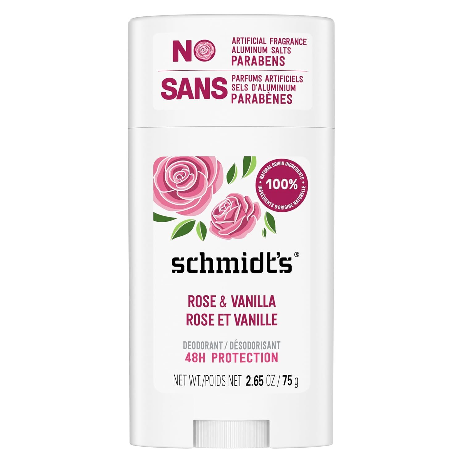 Schmidt’s Aluminum-Free Vegan Deodorant Rose & Vanilla with 24 Hour Odor Protection for Women and Men, Natural Ingredients, Cruelty-Free, 2.65 oz
