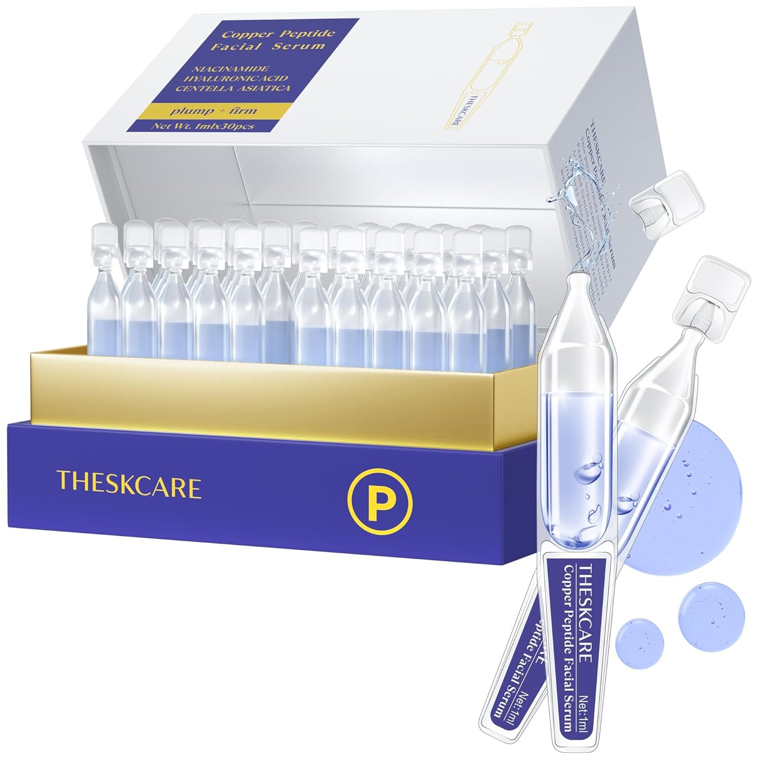 THESKCARE Copper Peptide Serum Ampoule for Face with Niacinamide & Hyaluronic Acid to Hydrate Skin, Reduce Wrinkles and Plump Skin,30 Ampoules