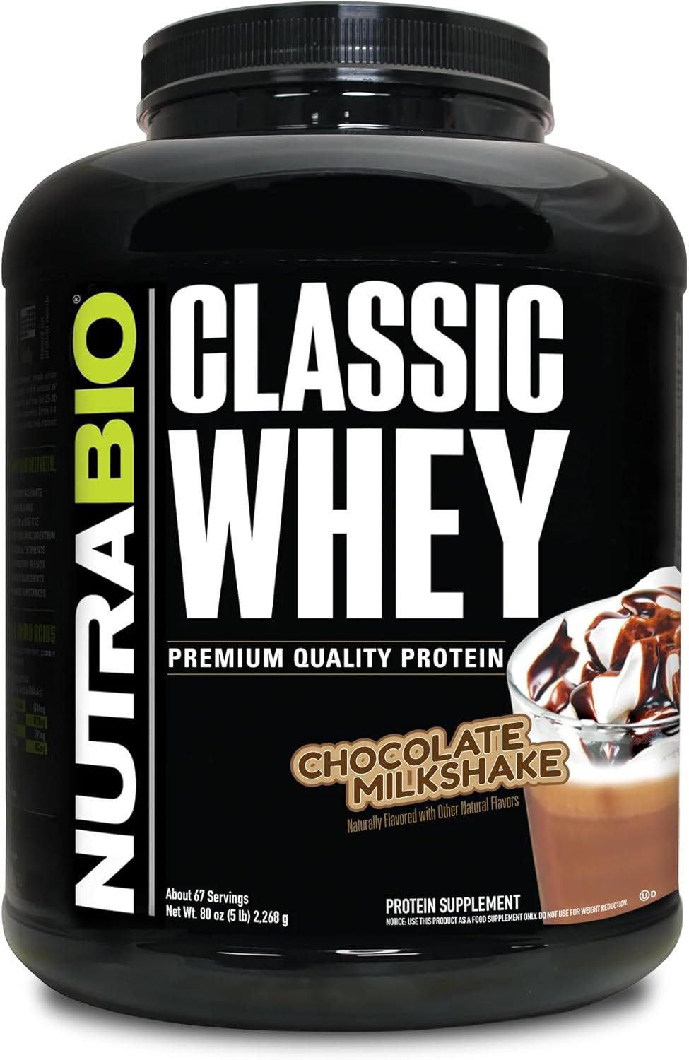NutraBio Classic Whey Protein Powder- Full-Spectrum Amino Acid Profile – No Fillers, Artificial Colors, Preservatives – Low Glycemic Index – Chocolate Milkshake, 5 Pounds
