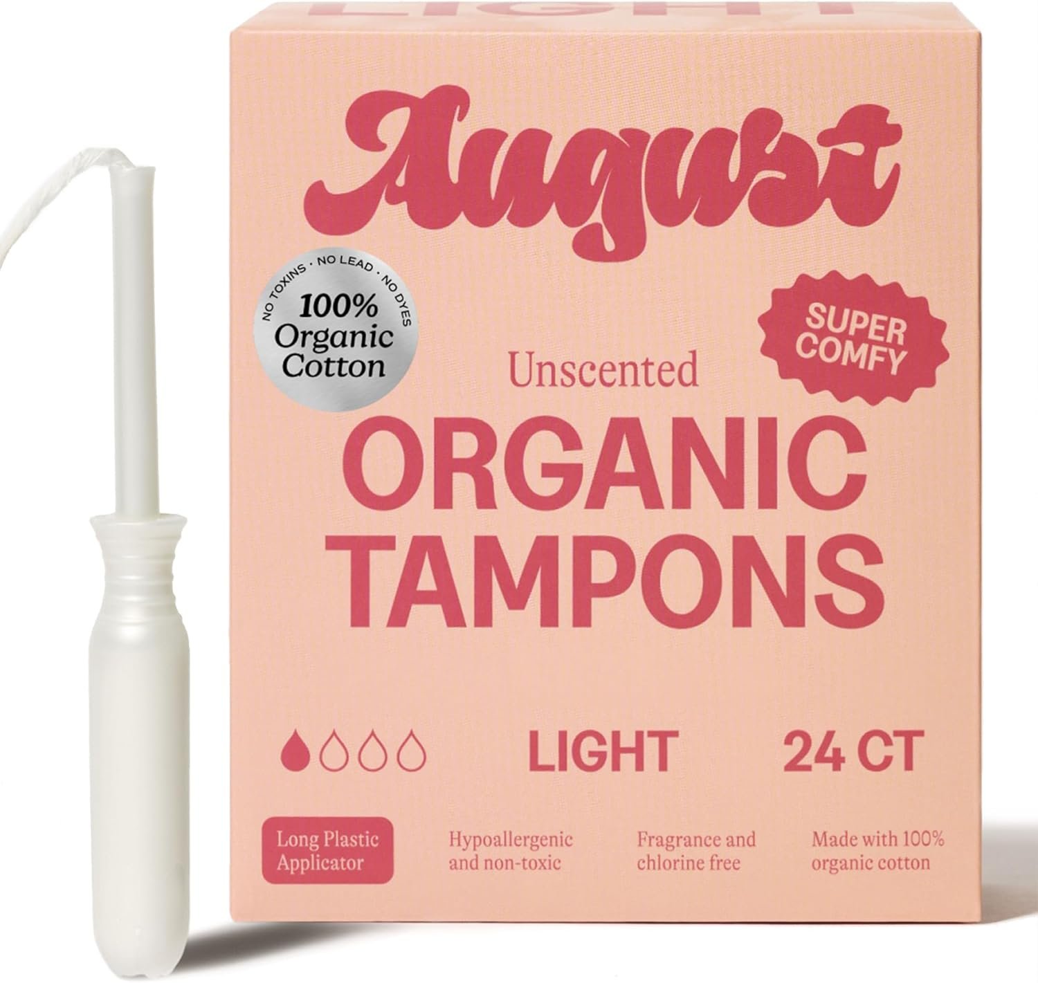 August Light Tampons – Easy-Glide Long Applicators – 24-Pack 100% Organic Cotton Tampons for Women, Non-Toxic, Fragrance-Free, and Hypoallergenic