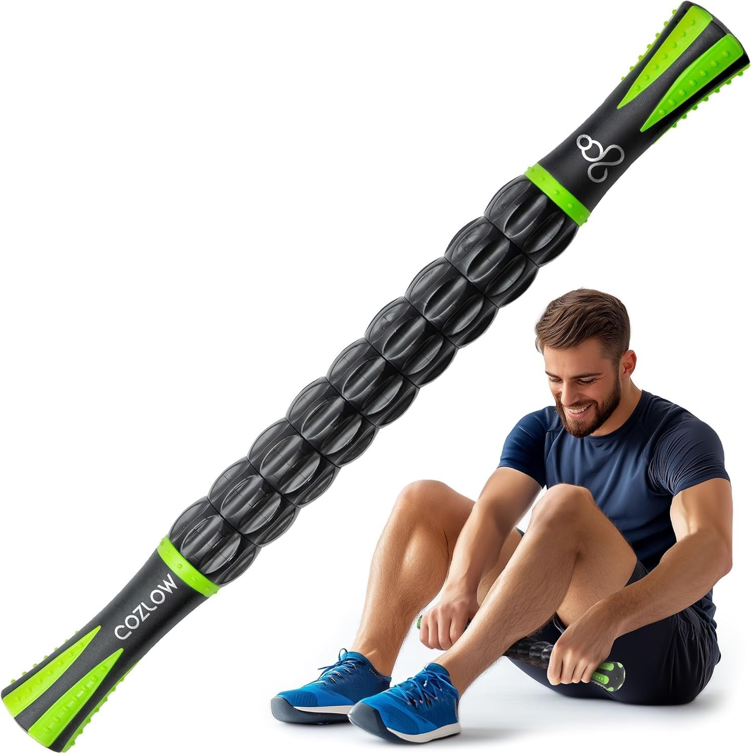 Muscle Roller Stick – Black Green – Hand Held Body Massager with 9 Rollers & Non-Slip Handles – Deep Tissue Massage & Maximum Muscle Recovery – Leg, Back, Arm, Thigh, Butt Sculpting Tool – by Cozlow