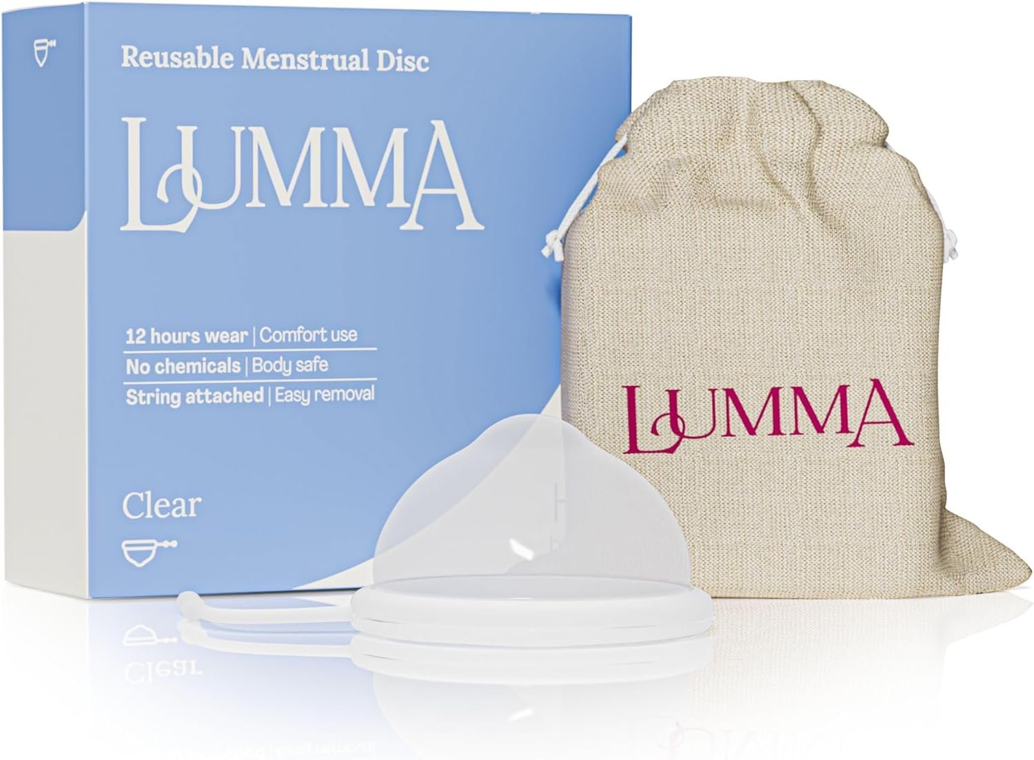 LUMMA Menstrual Disc | Includes Carrying Pouch and Silicone String for Easy Removal | Comfortable & Sustainable Choice to Tampons | Reusable Medical Grade Silicone, Leak-Proof (Clear, Medium)