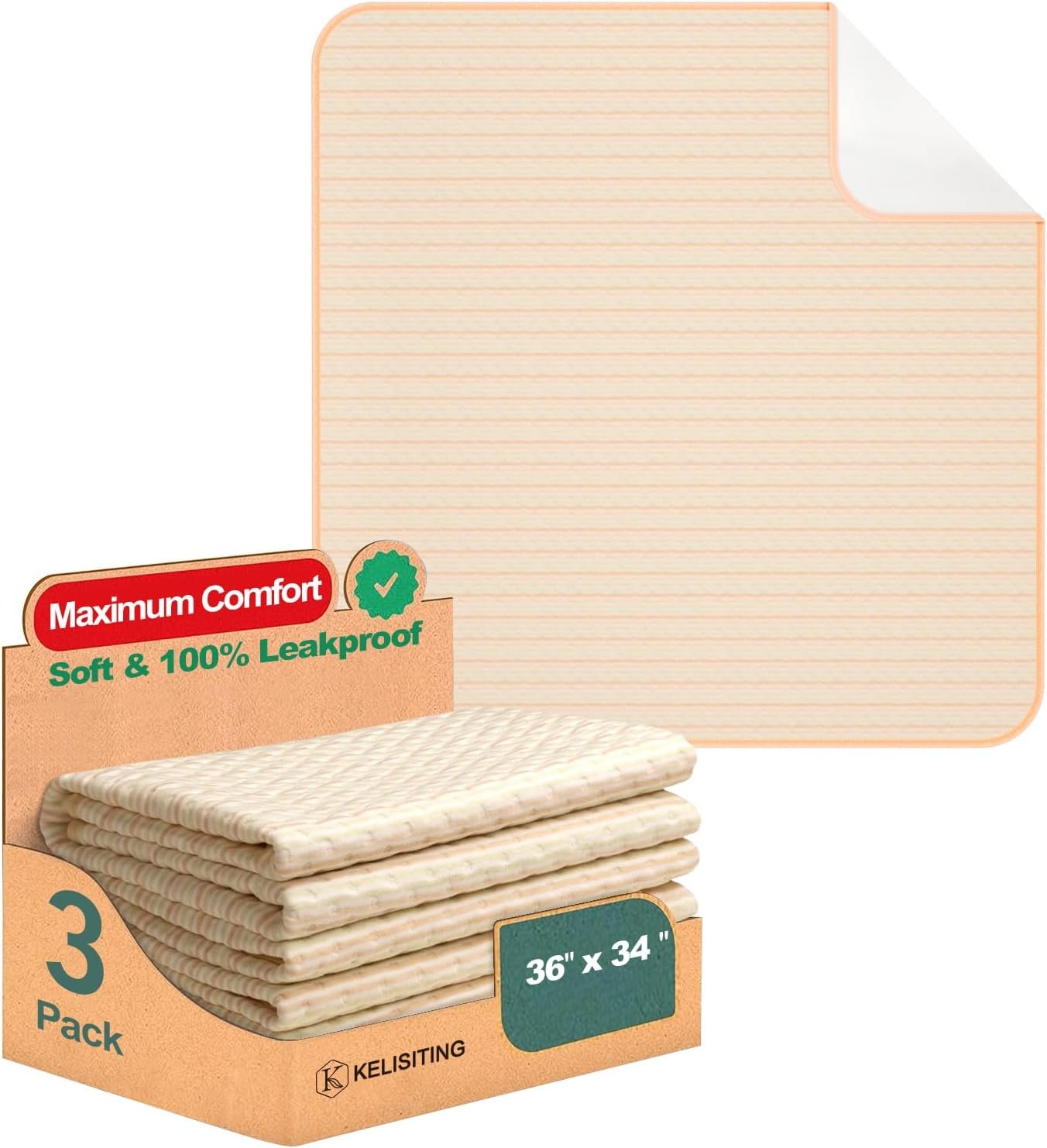 Bed Pads for Incontinence Washable Waterproof, 36″ x 34″ (Pack of 3) – Reusable Medium Bamboo Fiber Pee Pads for Adults, Women, Elderly, Pet, 4-Layer Underpads for Sofa, Couch, Furniture – KELISITING